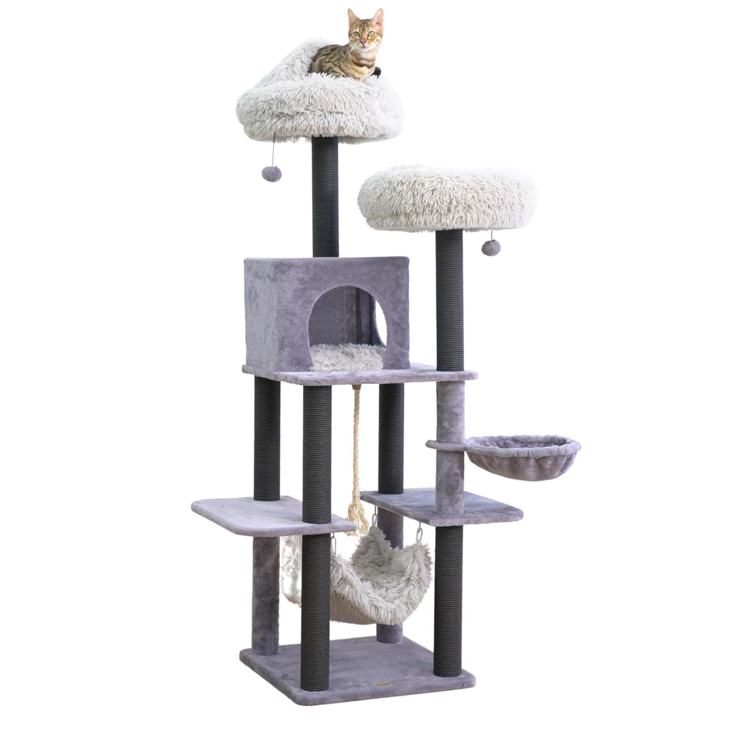 Catry Bradbury 7-Level 62.5” Modern Cat Tree with Replaceable Scratching Posts,Big Condo,Two Washable Beds, Two Hammocks,Quick Assembly, for Multi-Cat Homes(Cloud Gray)