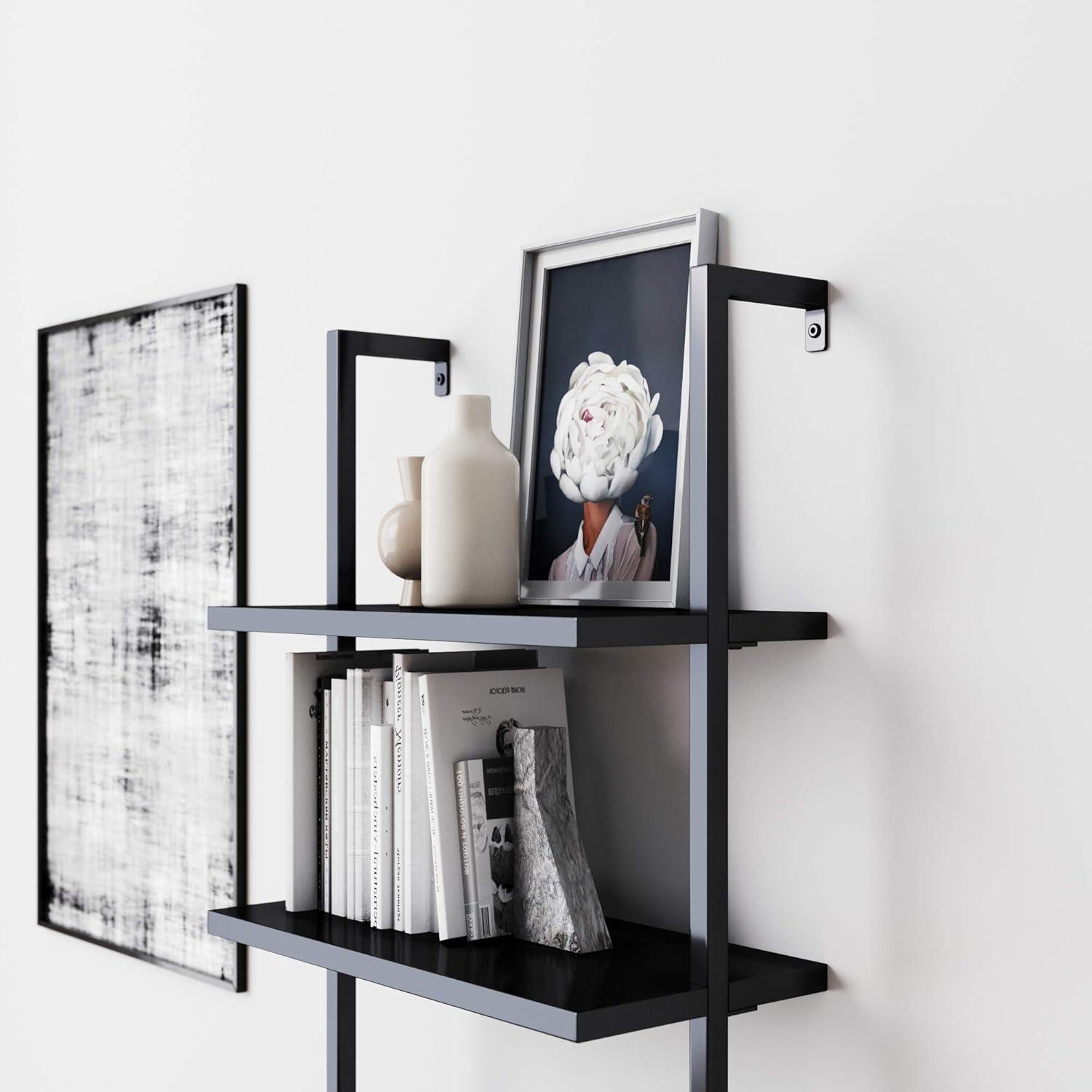 Matte Black Wood 73" Industrial Ladder Bookcase