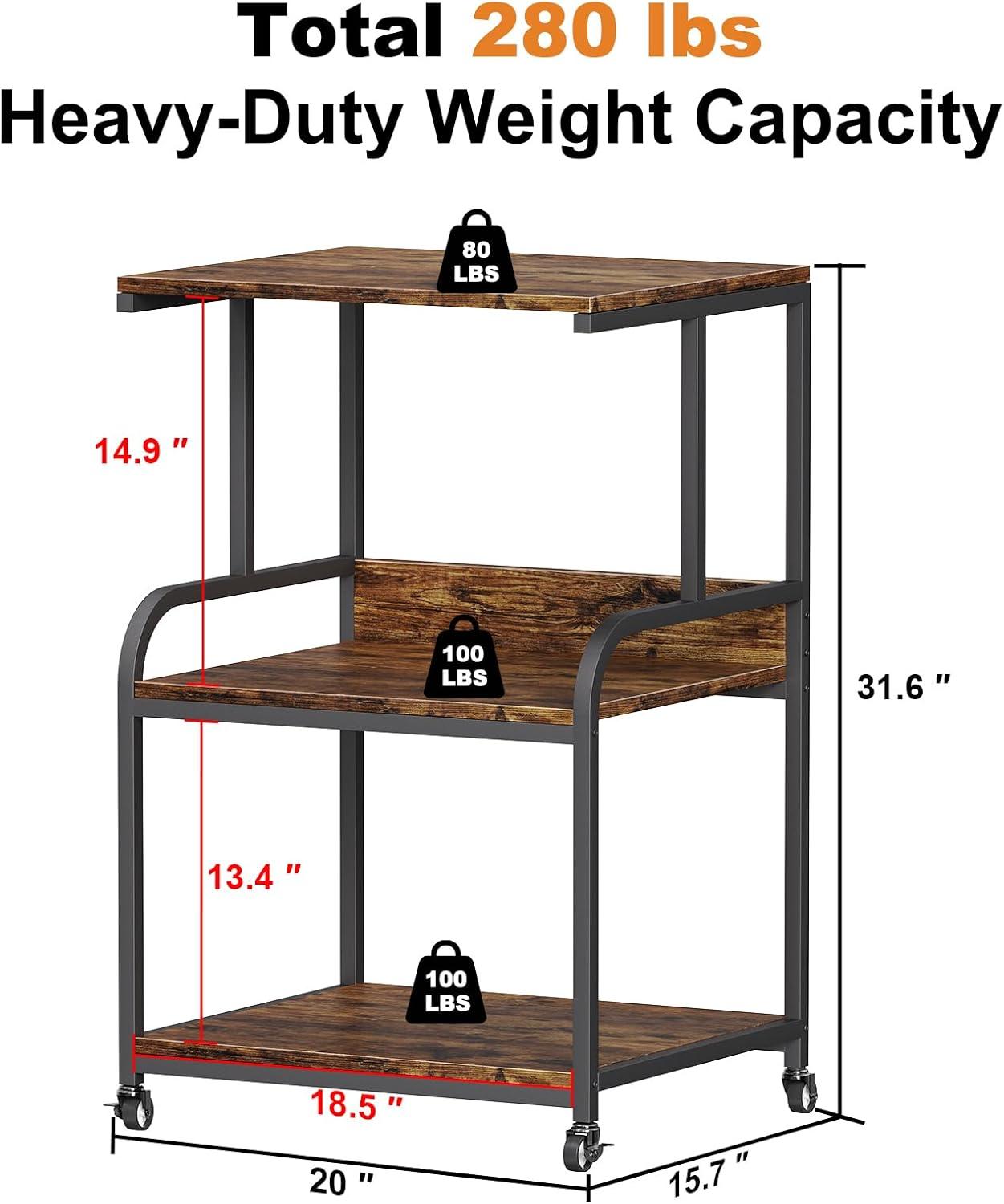 EasyCom 20''x15.7''Large Printer Stand-3 Tier Printer Table with Wheels- Printer Storage Cart- Rolling Printer Cart with Storage Shelf for Printer Scanner Fax Home Office Use- Rustic Brown