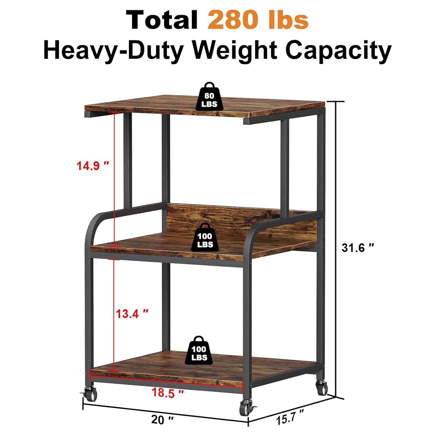 EasyCom 20''x15.7''Large Printer Stand-3 Tier Printer Table with Wheels- Printer Storage Cart- Rolling Printer Cart with Storage Shelf for Printer Scanner Fax Home Office Use- Rustic Brown