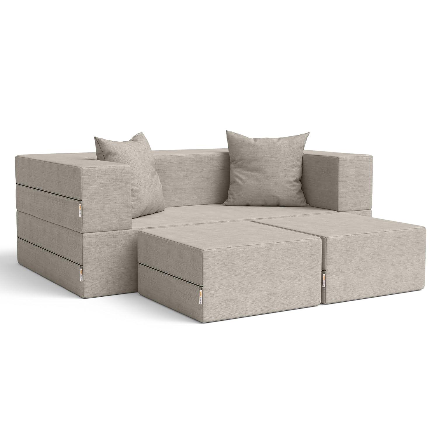 Jaxx Zipline Convertible Sleeper Loveseat & Ottomans, Textured Microvelvet - Dove Grey