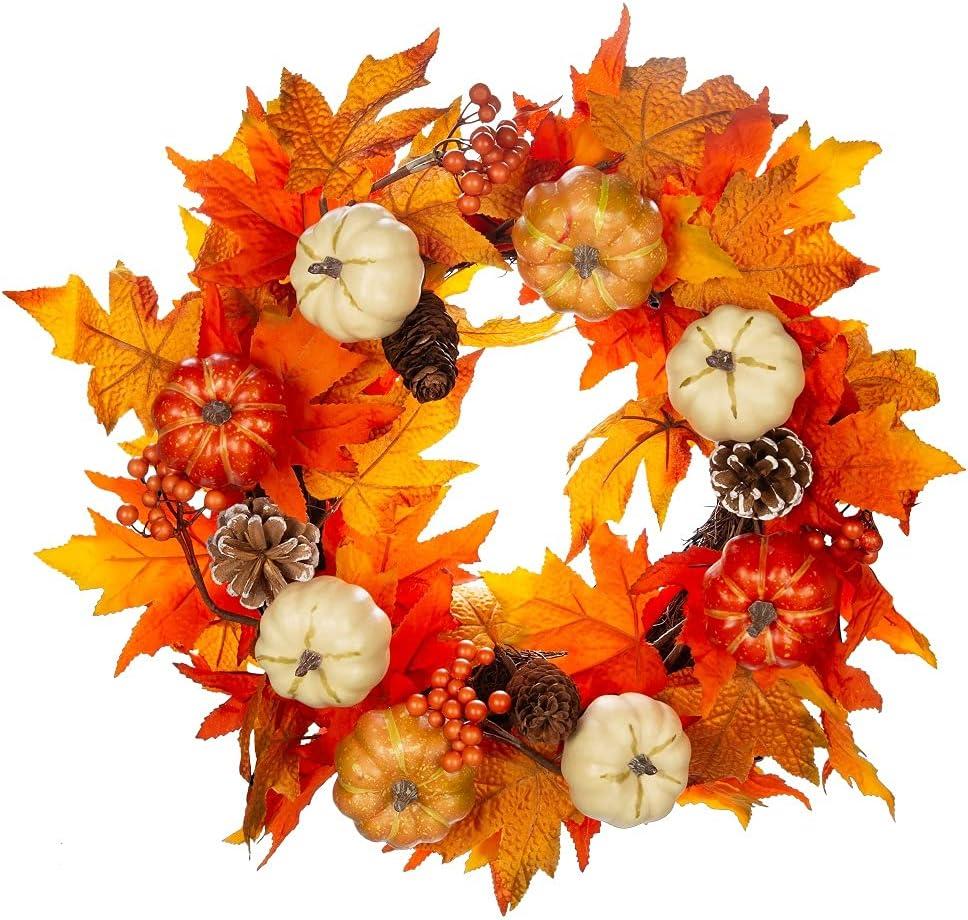 Fall Wreath 20’’ Autumn Front Door Wreath Harvest Wreath with Sunflower Pumpkins Berries Maple Leaves Daisies for Outside Indoor Home Wall Festival Thanksgiving Autumn Farmhouse Decor