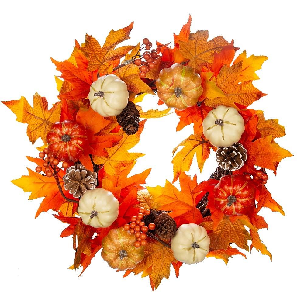 Fall Wreath 20’’ Autumn Front Door Wreath Harvest Wreath with Sunflower Pumpkins Berries Maple Leaves Daisies for Outside Indoor Home Wall Festival Thanksgiving Autumn Farmhouse Decor