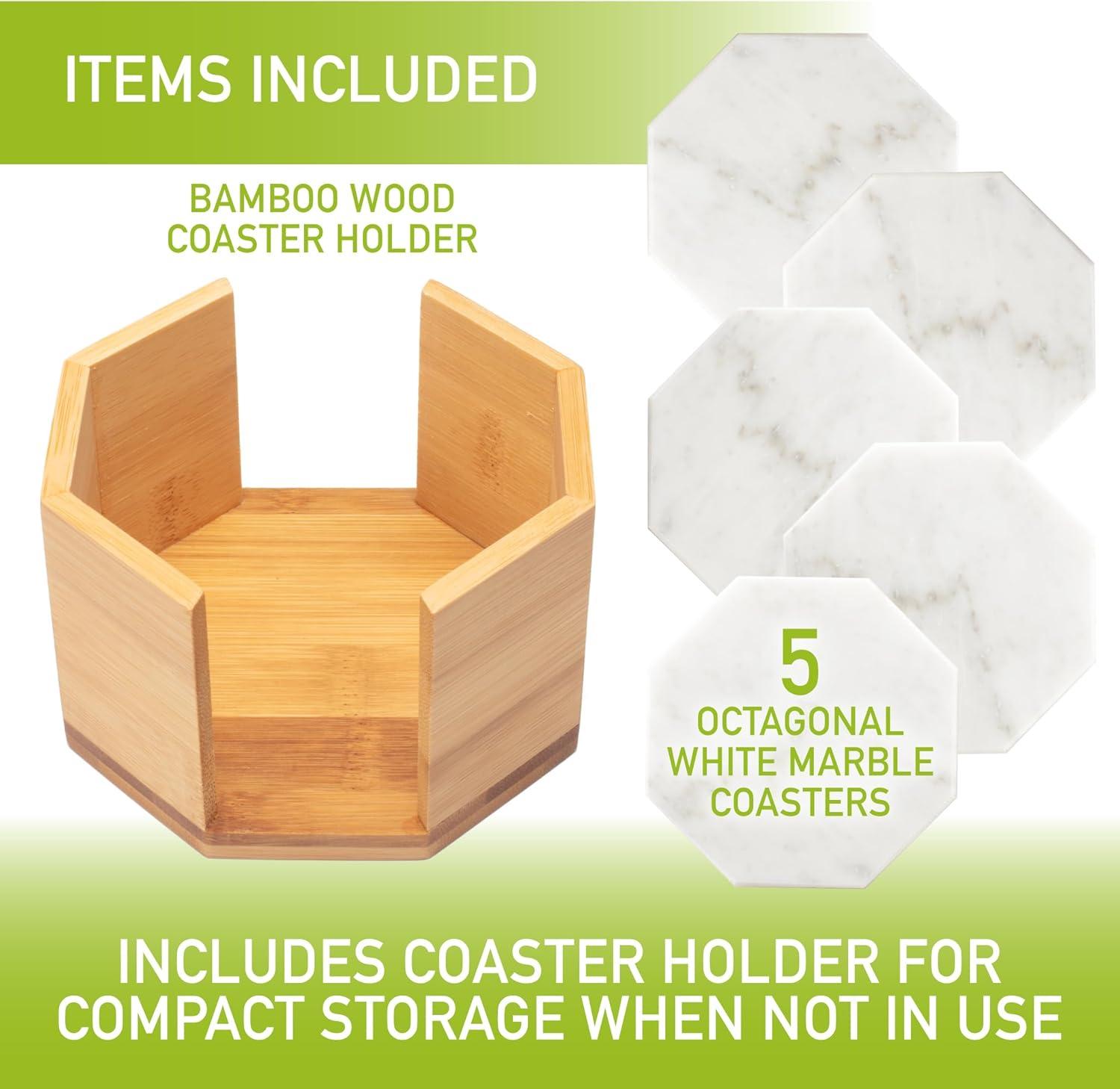 D'Eco White Carrara Marble Coasters w/ Bamboo Holder - Set of 5 - Tabletop Protection- Fits Any Size Wine Glass, Cup, Mug - Great Mother's Day Gift