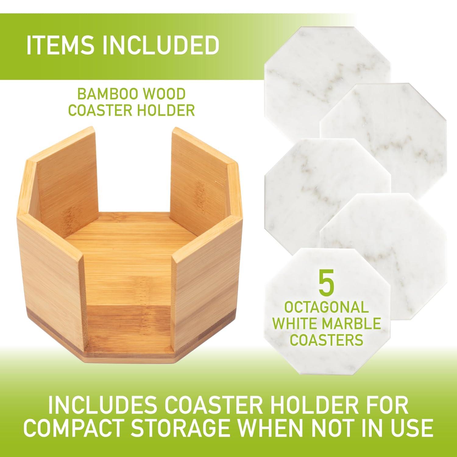 D'Eco White Carrara Marble Coasters w/ Bamboo Holder - Set of 5 - Tabletop Protection- Fits Any Size Wine Glass, Cup, Mug - Great Mother's Day Gift