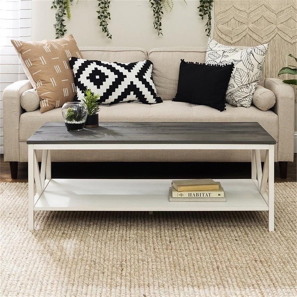 Natalee 48" Distressed Farmhouse Coffee Table in Gray/White Wash