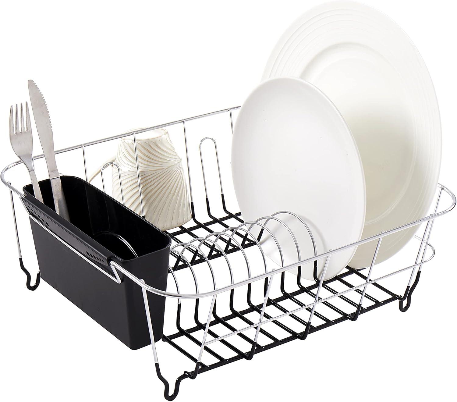 Compact Black and Chrome Dish Drying Rack with Utensil Cup