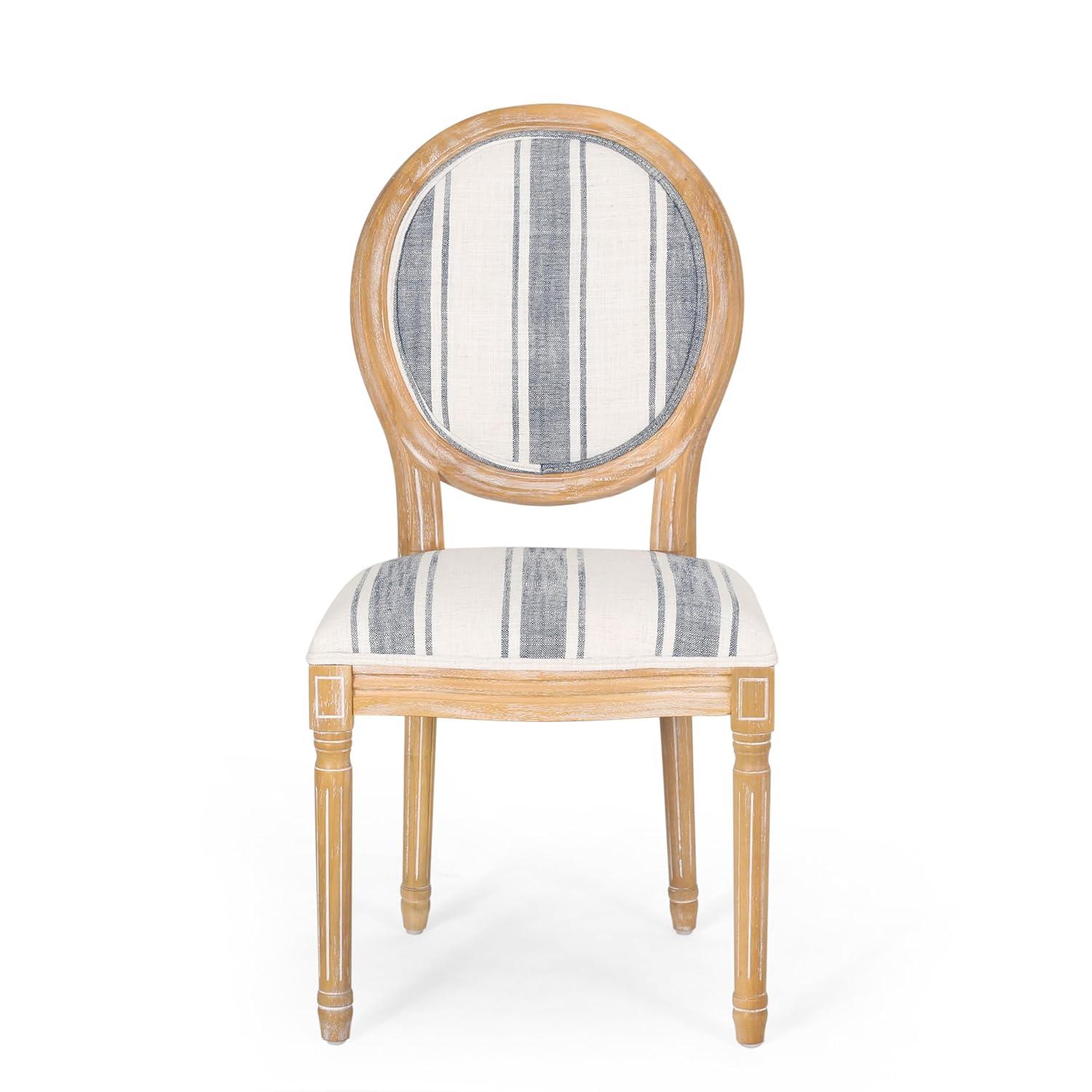 Set of 2 French Country Dark Blue Striped Upholstered Dining Chairs