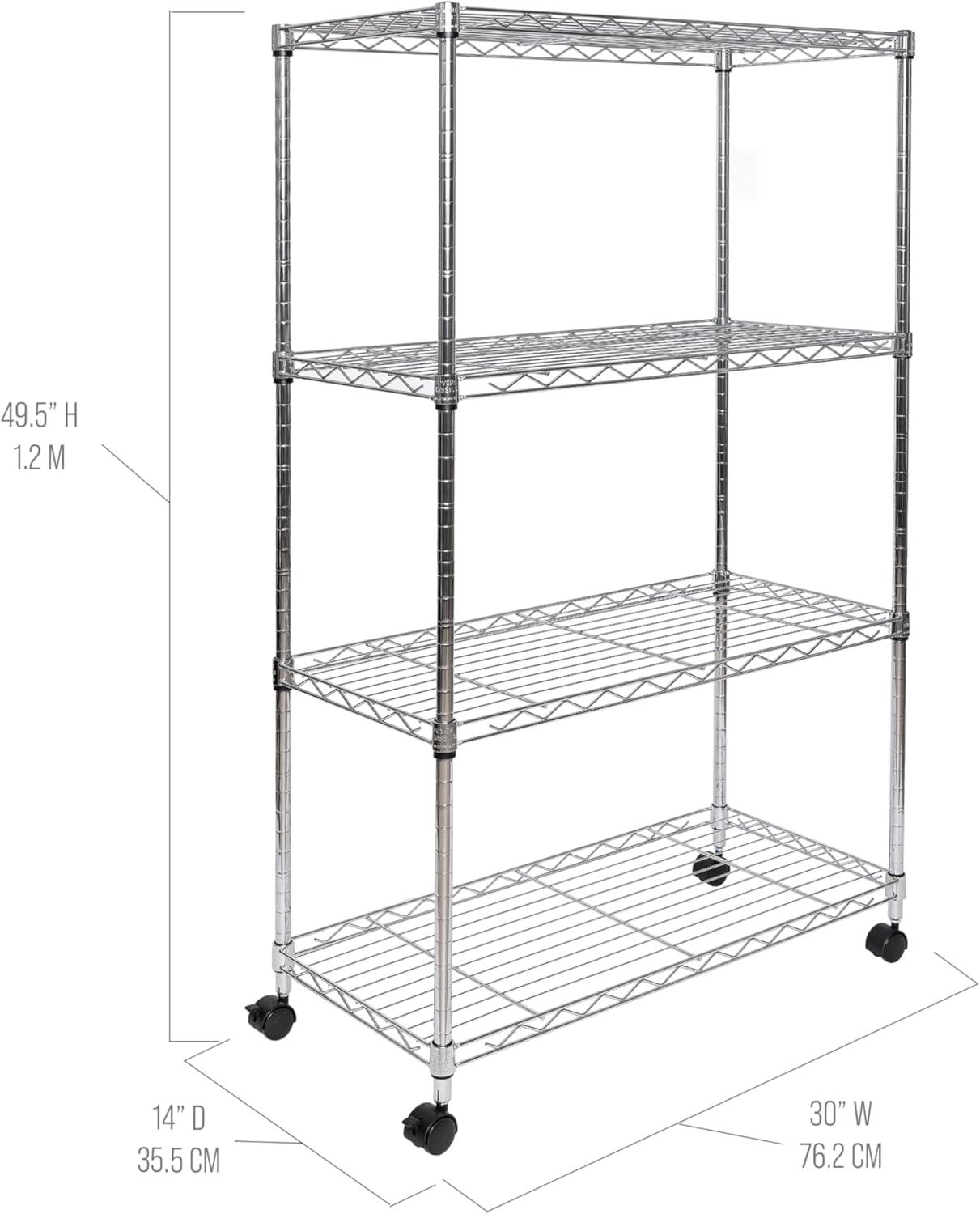 Seville Classics 4-Tier Steel Wire Shelving with Wheels, 30" W x 14" D x 48" H, Chrome