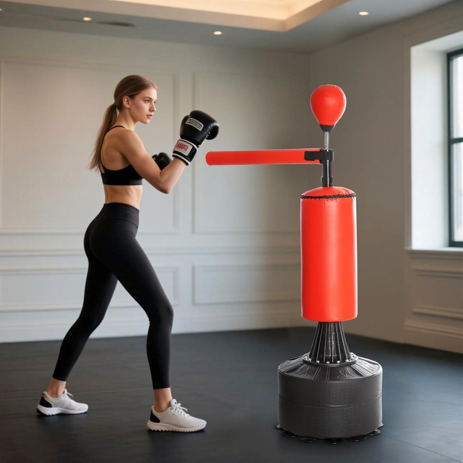 Soozier Boxing Speed Punch Bag Freestanding with Reflex Bar and Gloves Rotating Flexible Arm, Speed Ball, Waterable Base for Adult & Kids, Red