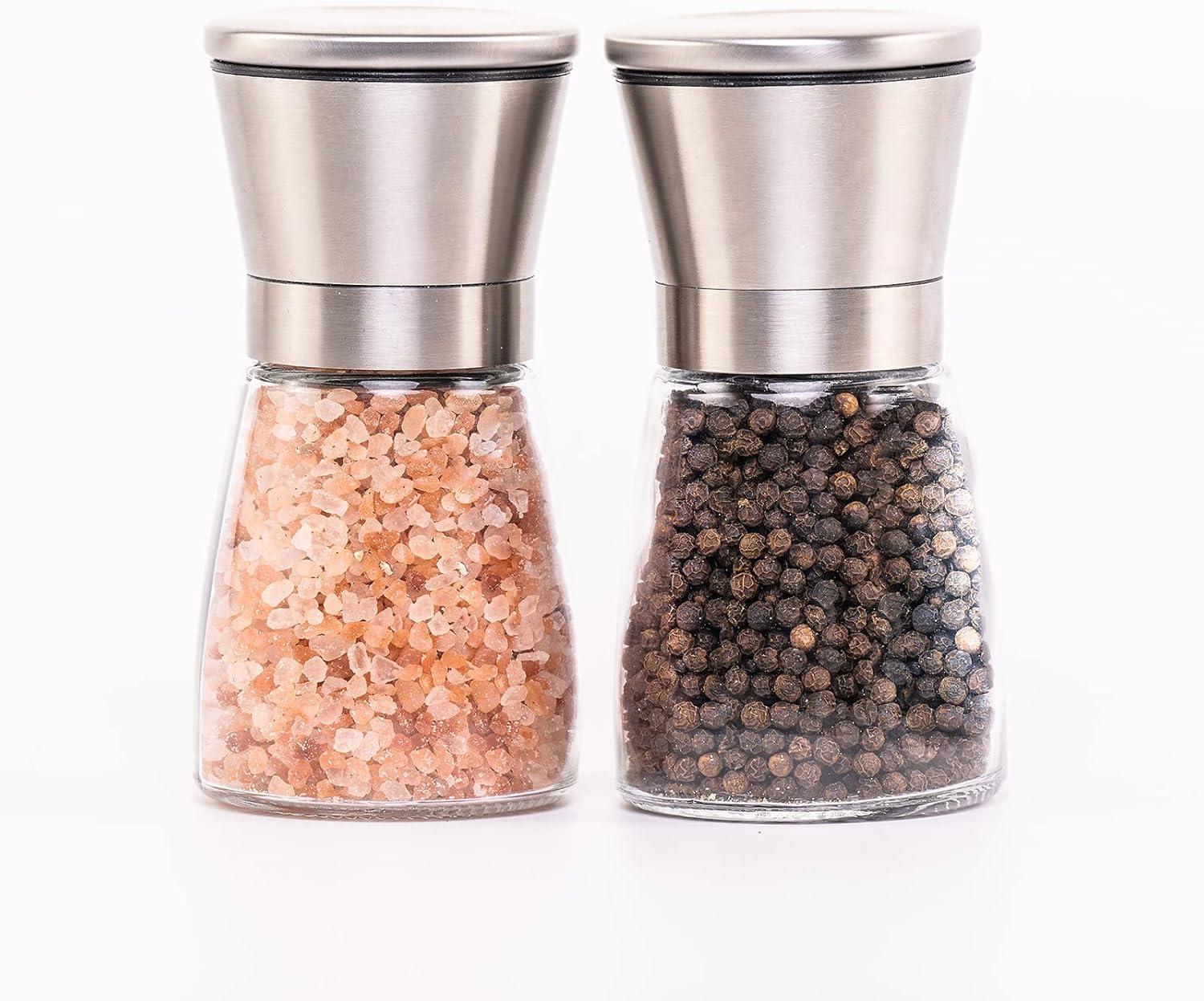 CB Accessories Stainless Steel Salt and Pepper Grinder Set with Wood Tray,  Adjustable Coarseness for Modern Farmhouse Kitchen Table