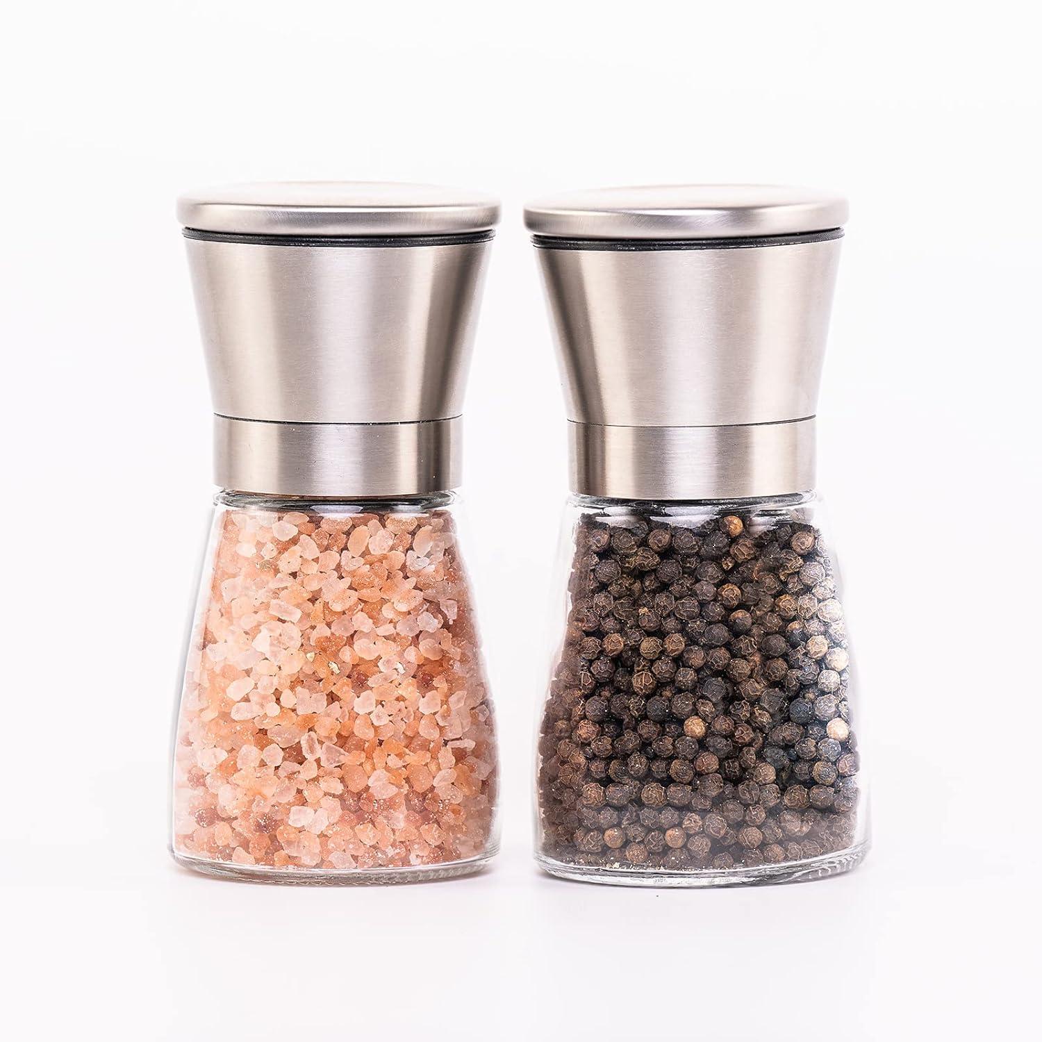 CB Accessories Stainless Steel Salt and Pepper Grinder Set with Wood Tray,  Adjustable Coarseness for Modern Farmhouse Kitchen Table
