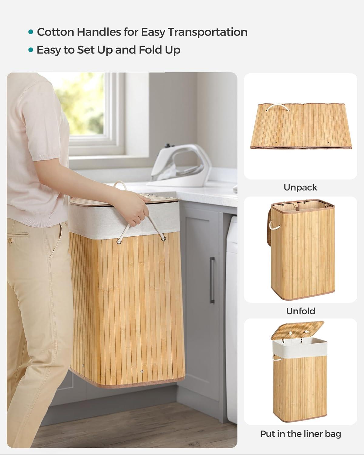 Natural Bamboo Foldable Laundry Hamper with Lid and Handles