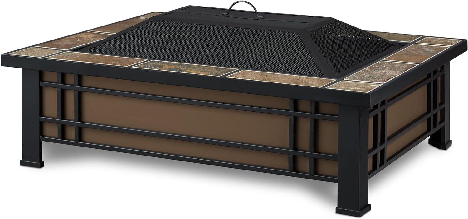 Hamilton Rectangle Wood Burning Fire Pit Brown - Real Flame: Slate Top, Mission Style Frame, Spark Screen & Cover