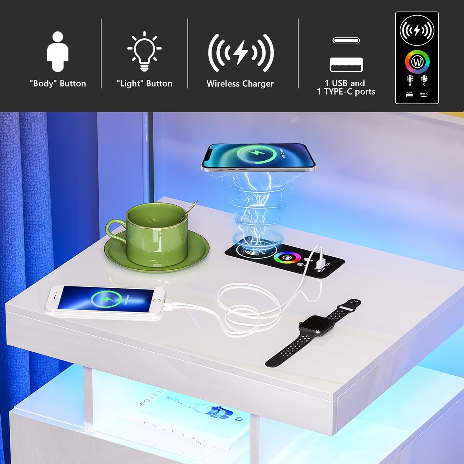 HNEBC Smart LED Nightstand with Wireless Charging & USB Ports, High Glossy Night Stand with 3 Drawers and 1 Pull-Out Tray, Modern Bedside Table with Human Sensor for Bedroom (White)