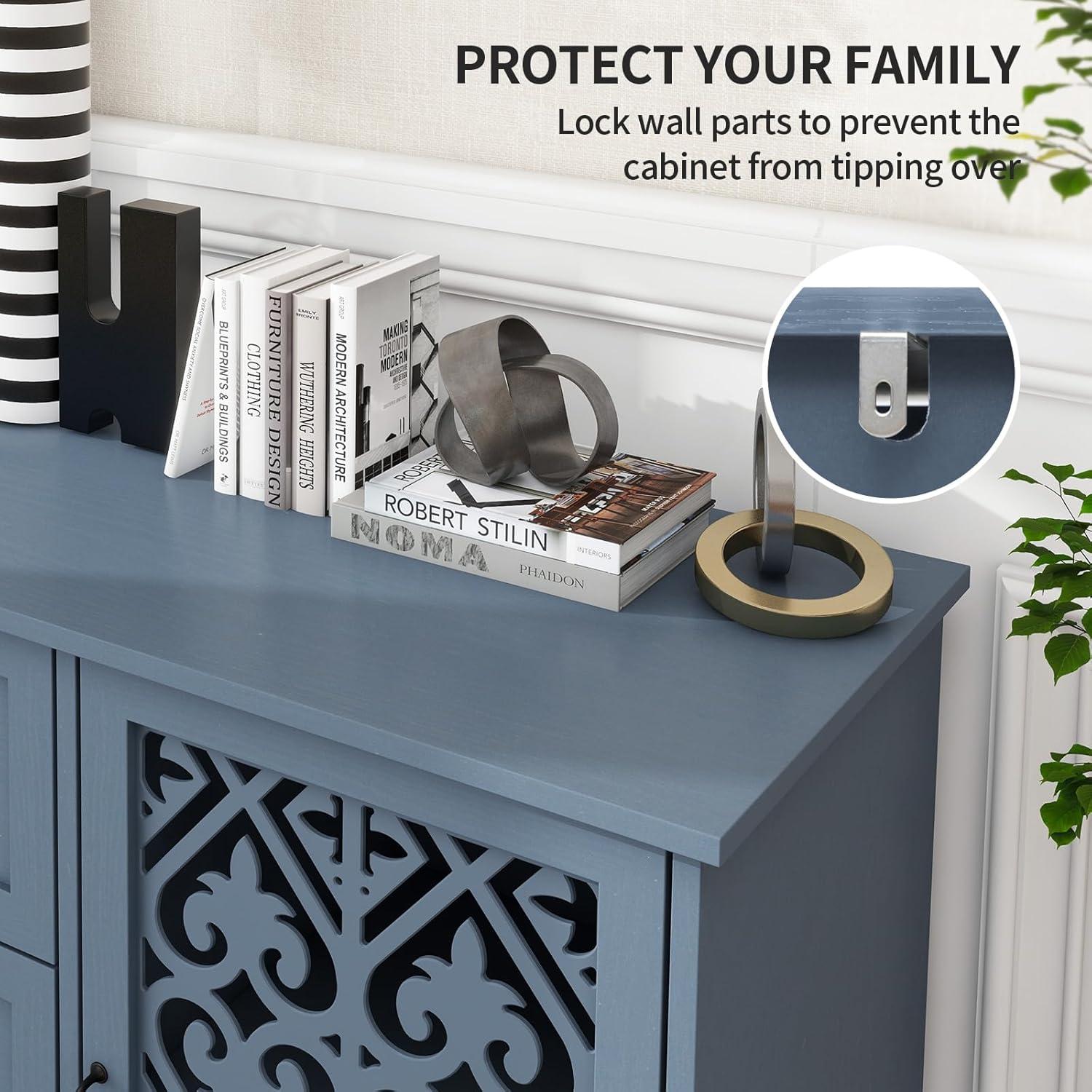 Sideboard Buffet Cabinet with Storage - Accent Storage Cabinet with Hollow Carved Pattern, Modern 2 Door 3 Drawer Cabinet, Farmhouse Wood Credenza for Living Room, Dining Room (Blue)