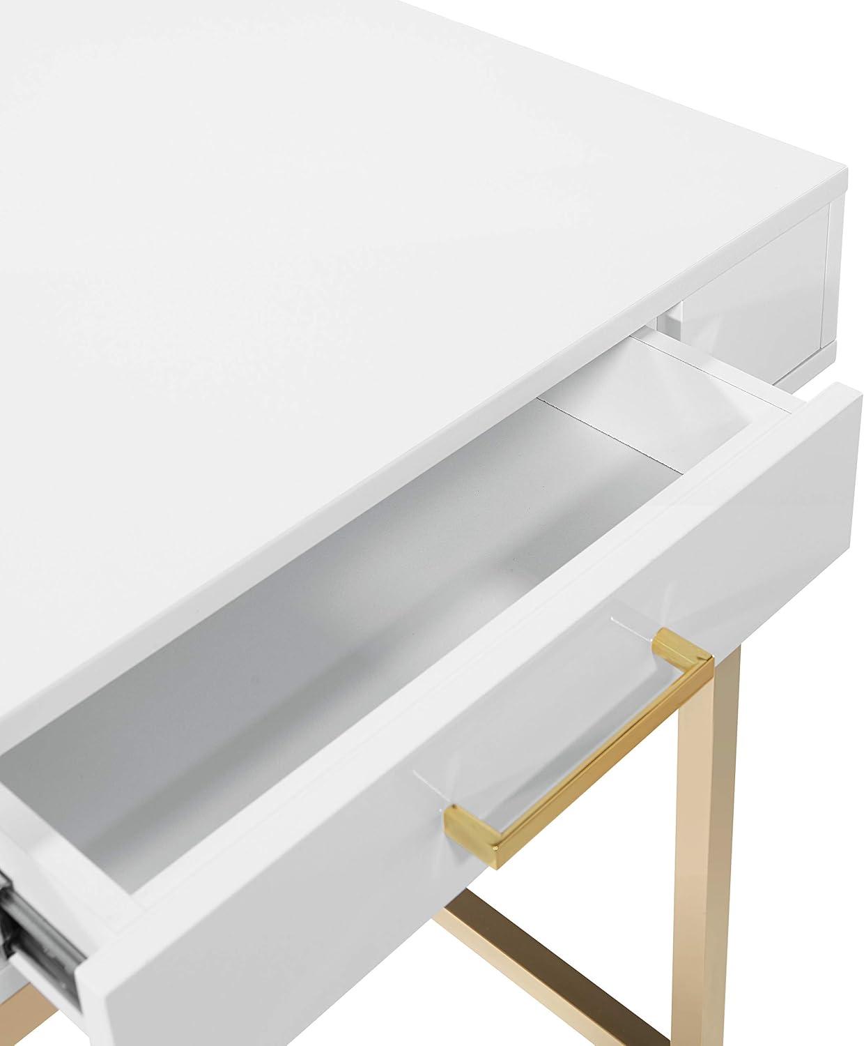 Broadway Chic 33" White Gloss & Gold Detail Desk with Drawers