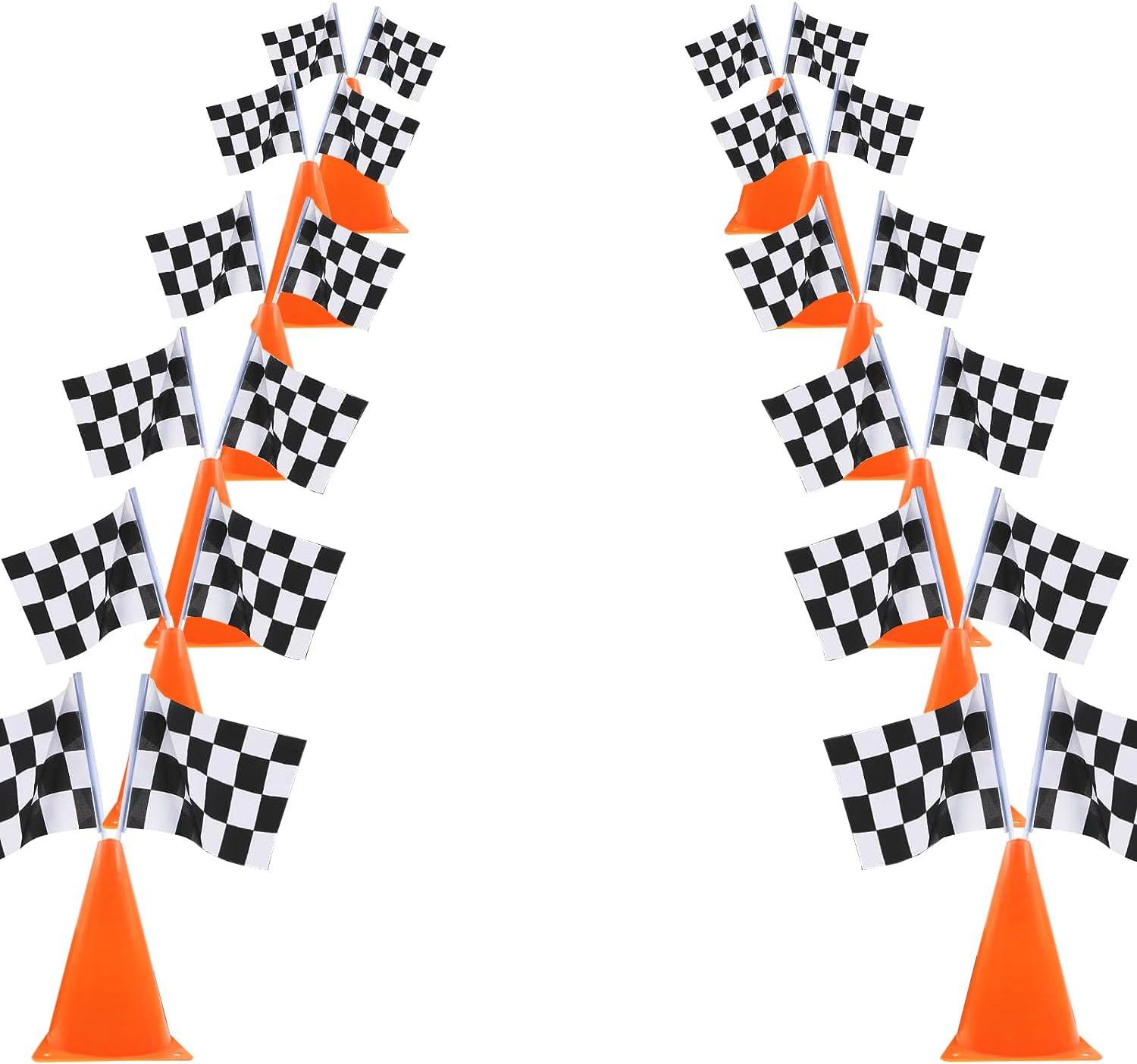 6 Pack 7inch Orange Race Cones with Holes on Top,12 Pack Checkered Flags,Racing Car Birthday Party Decorations,Two Fast Centerpieces,Race Cars Themed Party Supplies