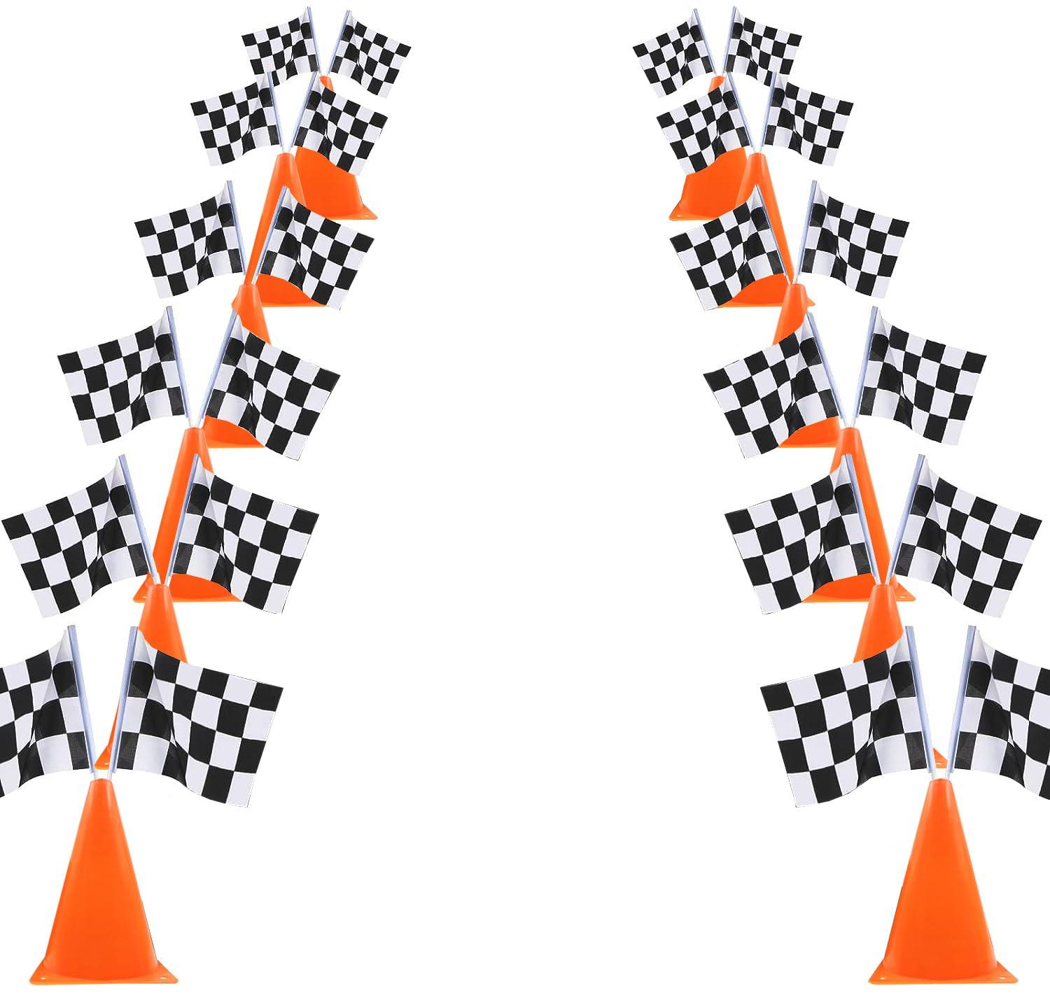 6 Pack 7inch Orange Race Cones with Holes on Top,12 Pack Checkered Flags,Racing Car Birthday Party Decorations,Two Fast Centerpieces,Race Cars Themed Party Supplies
