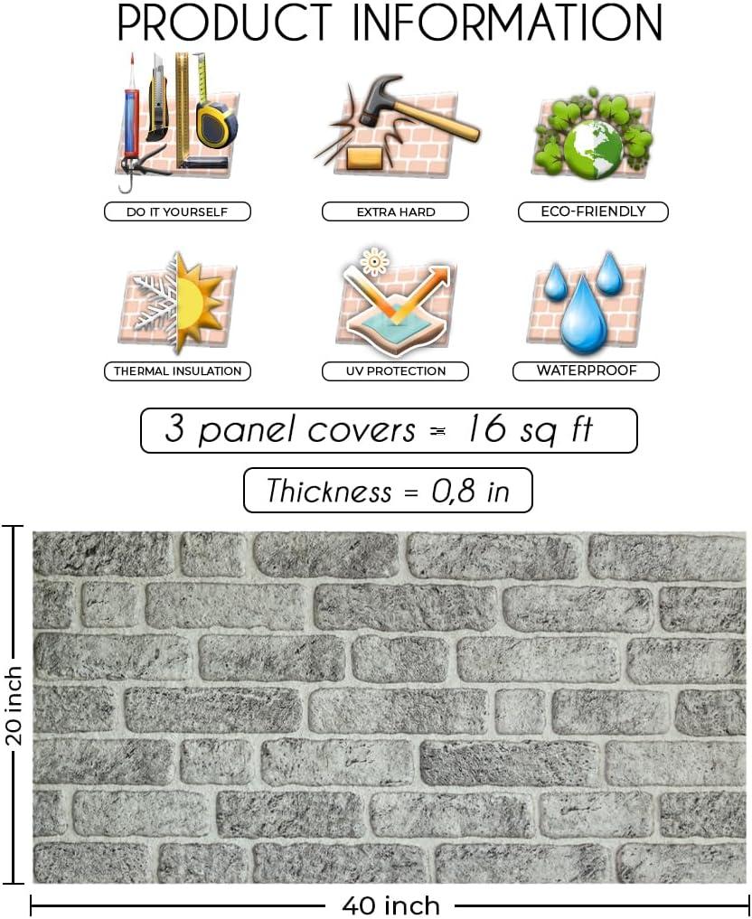 IZODEKOR 3D Wall Panels Lycia Effect - Cladding, Stone Look, Styrofoam Facing for Living Room, Kitchen, Bathroom, Balcony, Bedroom, Back of Counter | SL-1702 White Grey (3x Panels) - Covers 16 sq ft