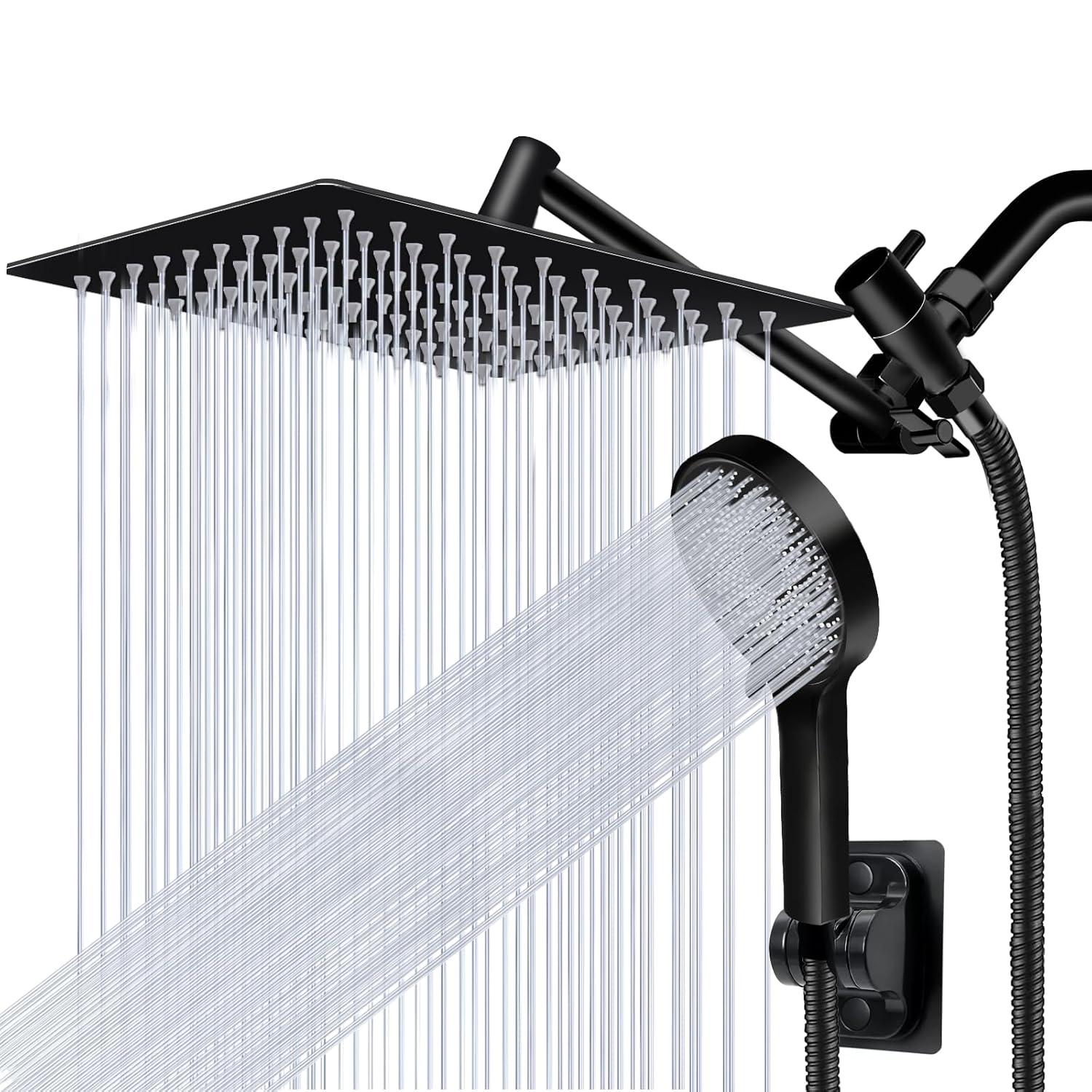 Shower Head,10”Rain Shower Head with Handheld Spray Combo with 11'' Angle Adjustable Extension Arm/Flow Regulator/Shower System,High Pressure Rainfall Shower Head Clean Bathroom,Matt Black