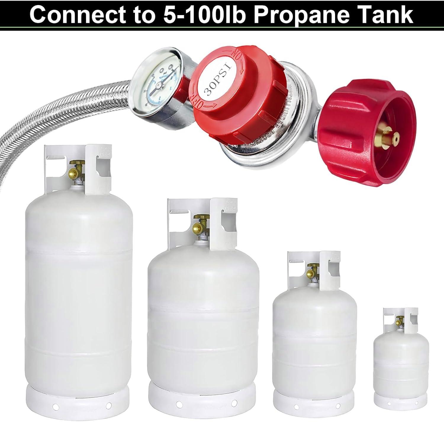 Gaspro 12ft 0-30 PSI Adjustable Propane Regulator with Gauge Stainless High Pressure Propane Hose with Regulator and  3/8" Female Connector