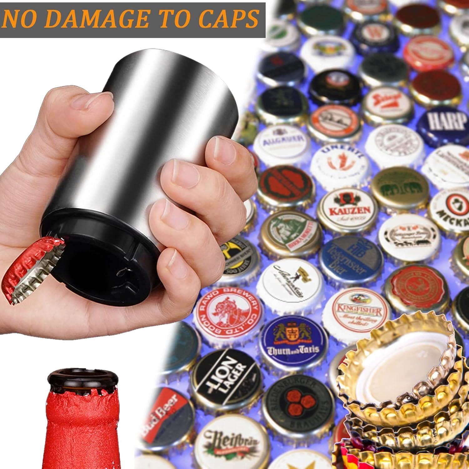Automatic Magnetic Beer Bottle Opener, Stainless Steel Portable Pop the Top Wine Bottle Cap Catcher, Quick Open, No Damage Push Down Bartender Tools for Bar, Home, Kitchen, Party, Restaurant, Silver