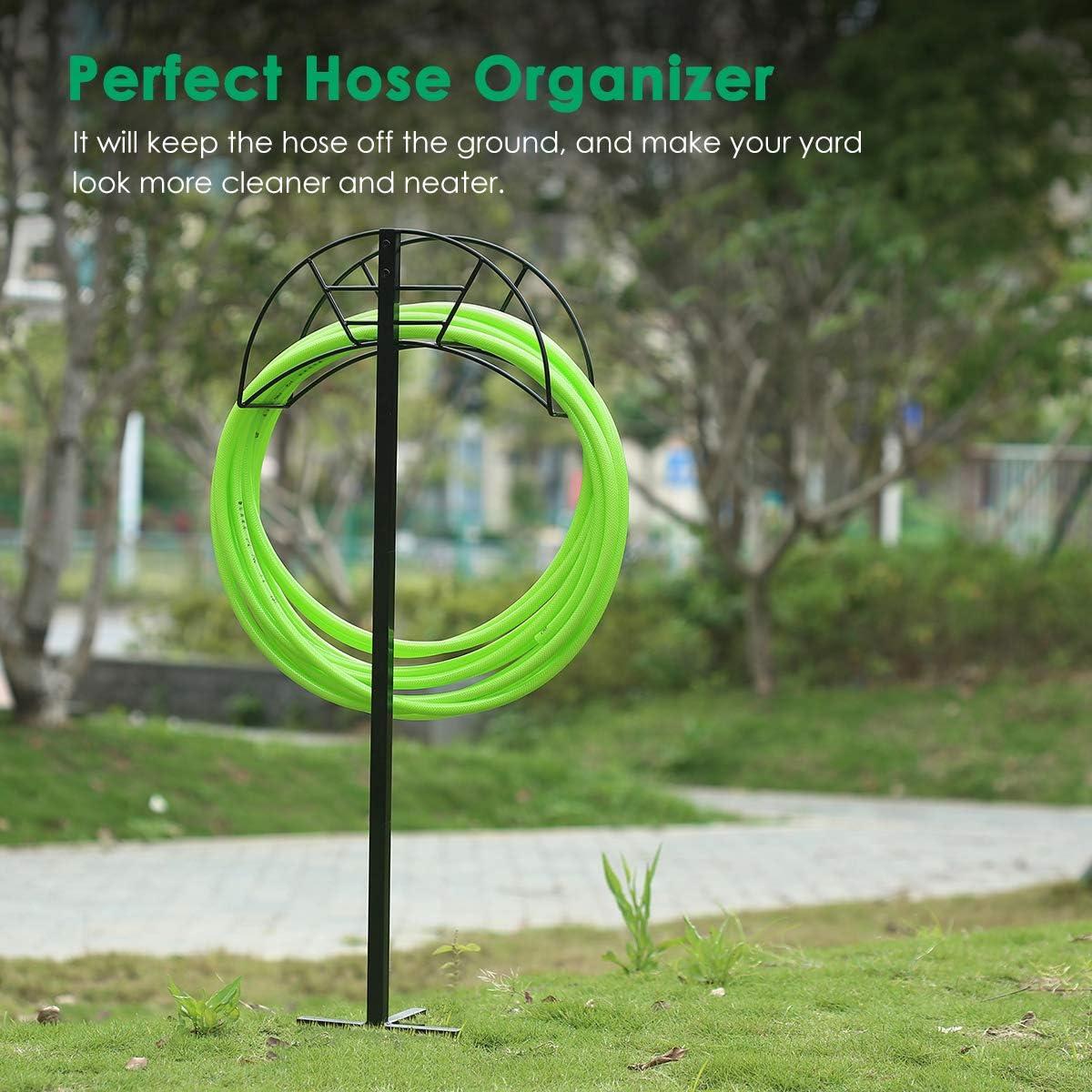 Black Metal Freestanding Garden Hose Holder with Manual Crank