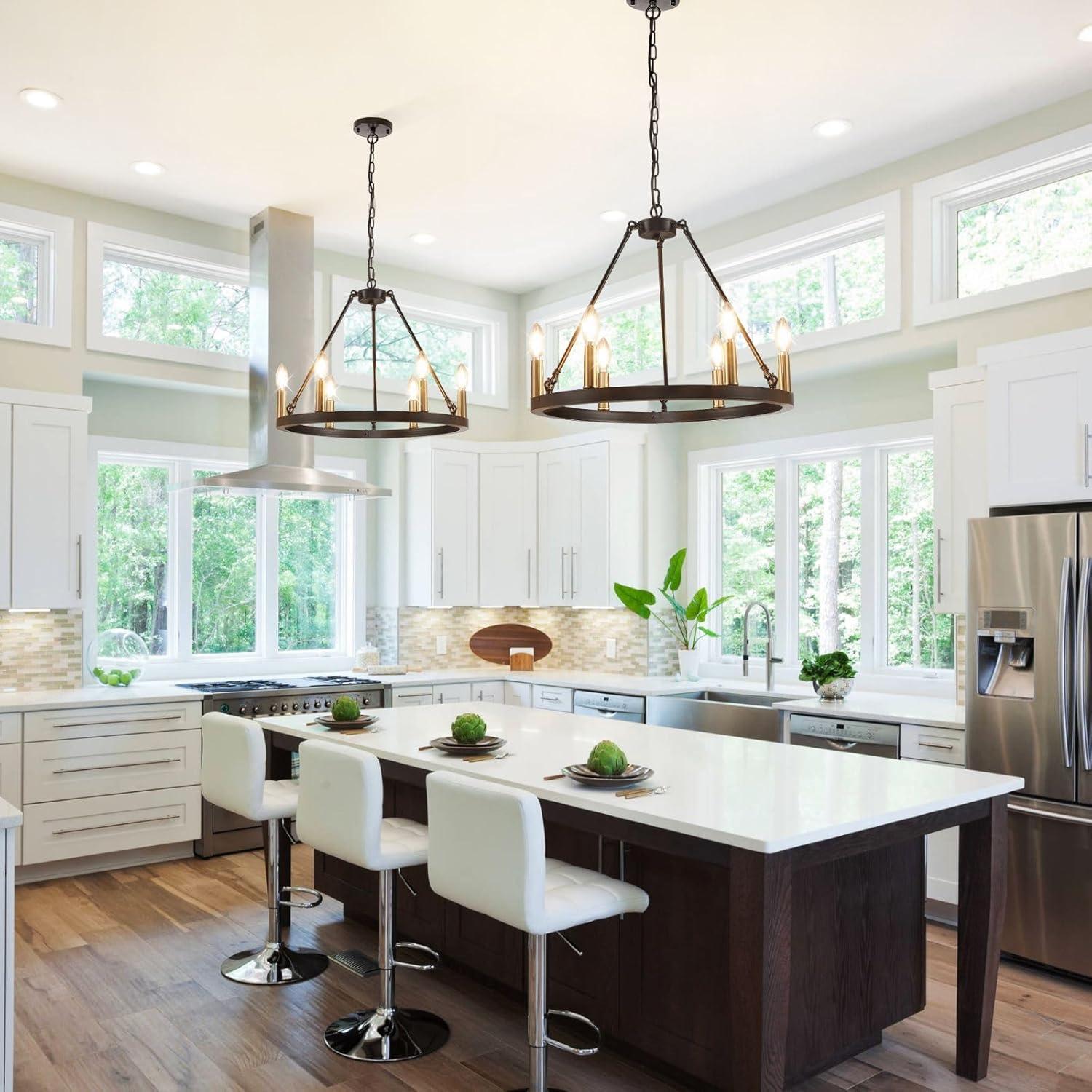 6-Light Black and Gold Chandelier, Farmhouse Wagon Wheel Chandelier, Round Chandeliers for Dining Room, Rustic Kitchen Island Iight Fixtures, Dining Room Light Fixtures Over Table