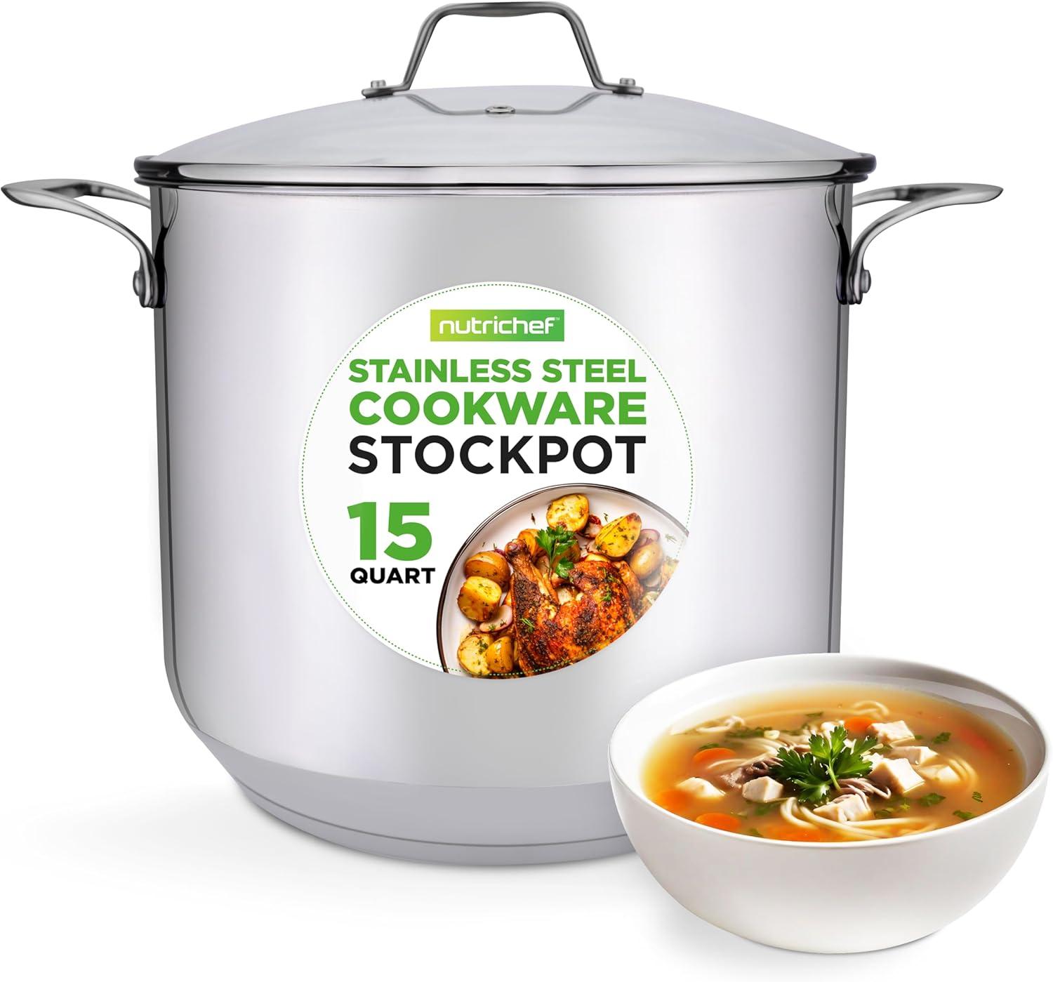 NutriChef 15-Quart Stainless Steel Stock Pot with Glass Lid