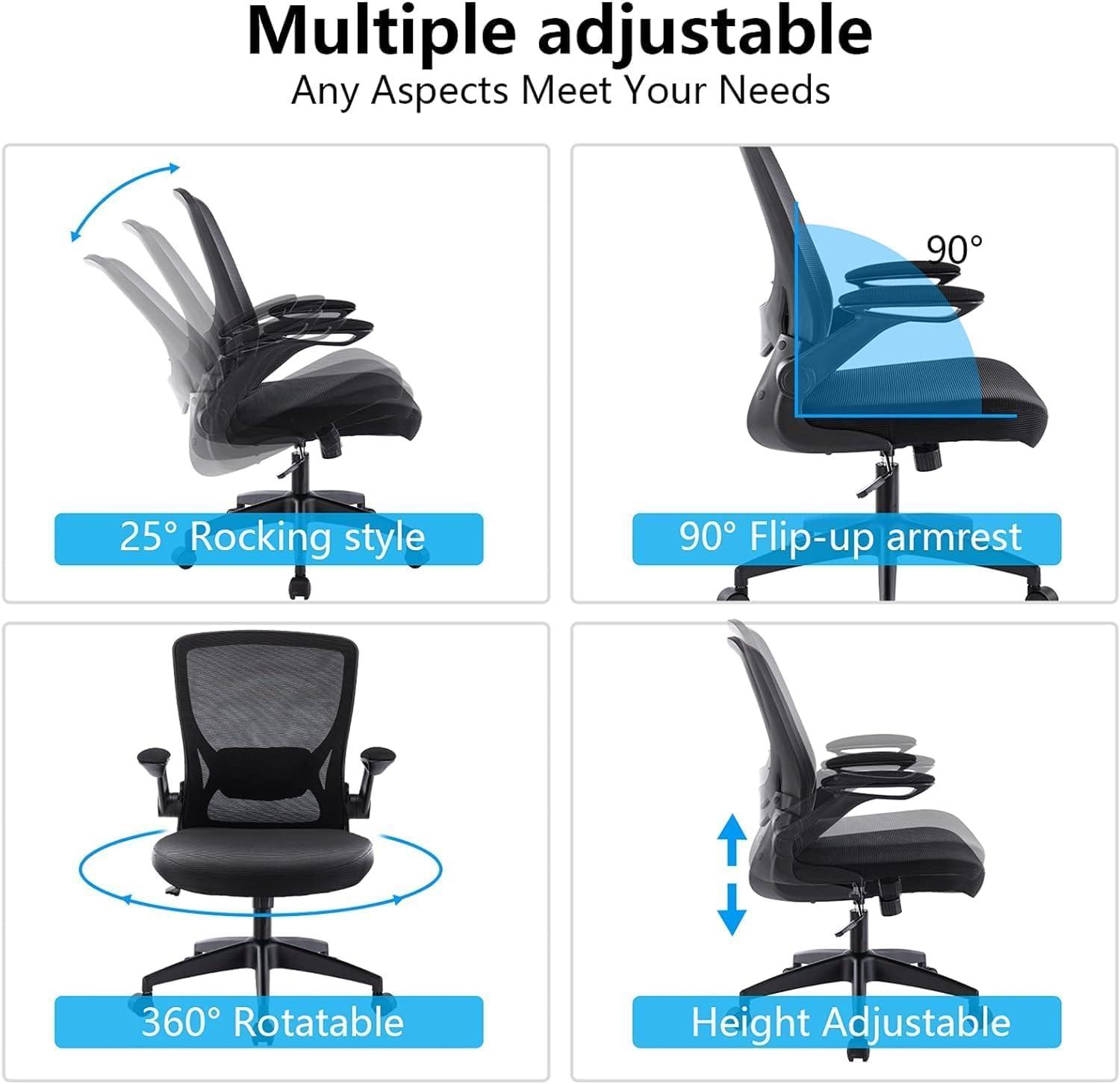 Ergonomic Office Chair, KERDOM Breathable Mesh Desk Chair, Lumbar Support Computer Chair with Wheels and Flip-up Arms, Swivel Task Chair, Adjustable Height Home Gaming Chair (Black)Ergonomic Office Chair, KERDOM Breathable Mesh Desk Chair, Lumbar Support Computer Chair with Wheels and Flip-up Arms, Swivel Task Chair, Adjustable Height Home Gaming Chair (Black)