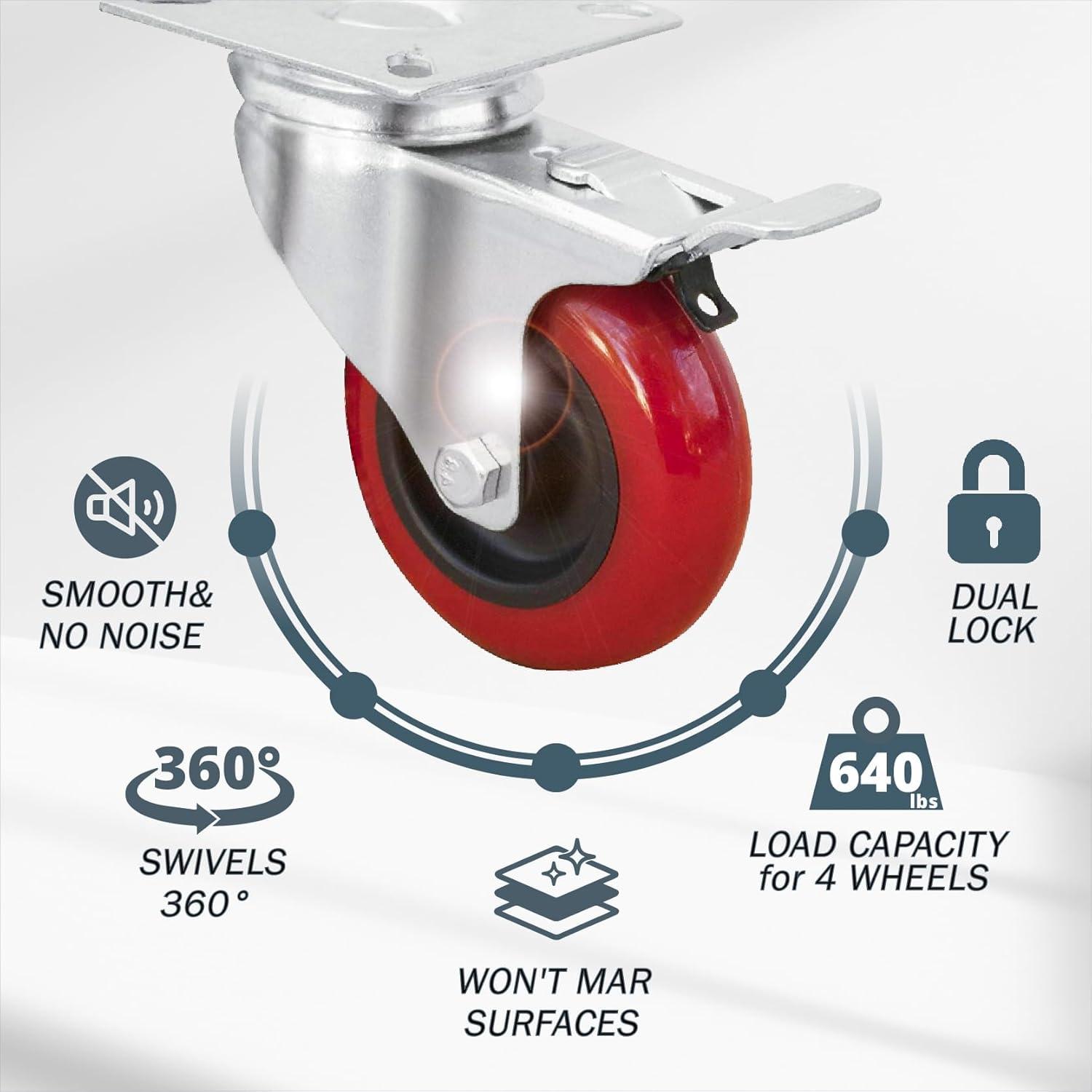 POWERTEC 4PK 3 Inch Swivel Caster Wheels with Brake & 640 lbs Loads, Heavy Duty Plate Casters, Dual Locking PU Castor Wheels for Furniture, Cart, Dolly and Workbenches (17205)