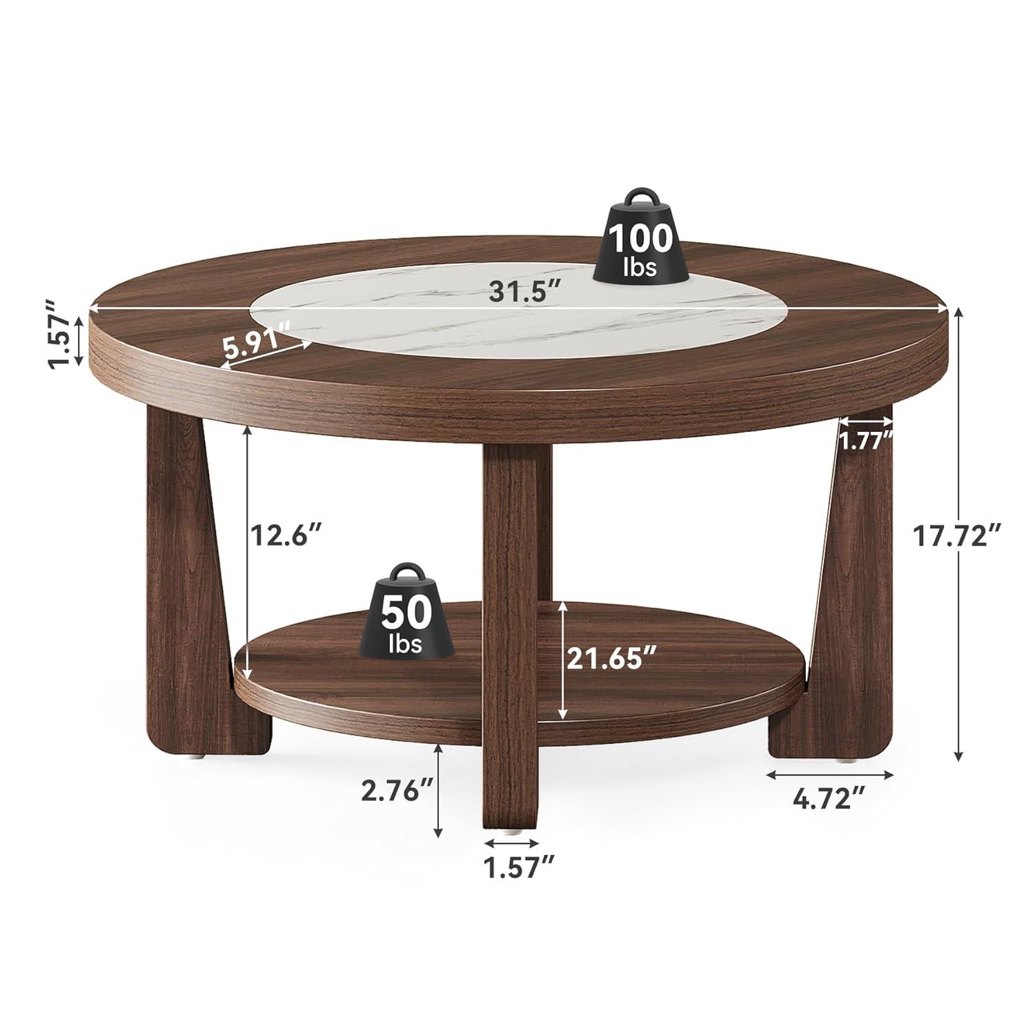 LITTLE TREE Modern Round Coffee Table, 2-Tier Wood Coffee Table with Storage, Marble-Like Tabletop for Living Room, Simple & Modern Center Table for Small Space, Brown