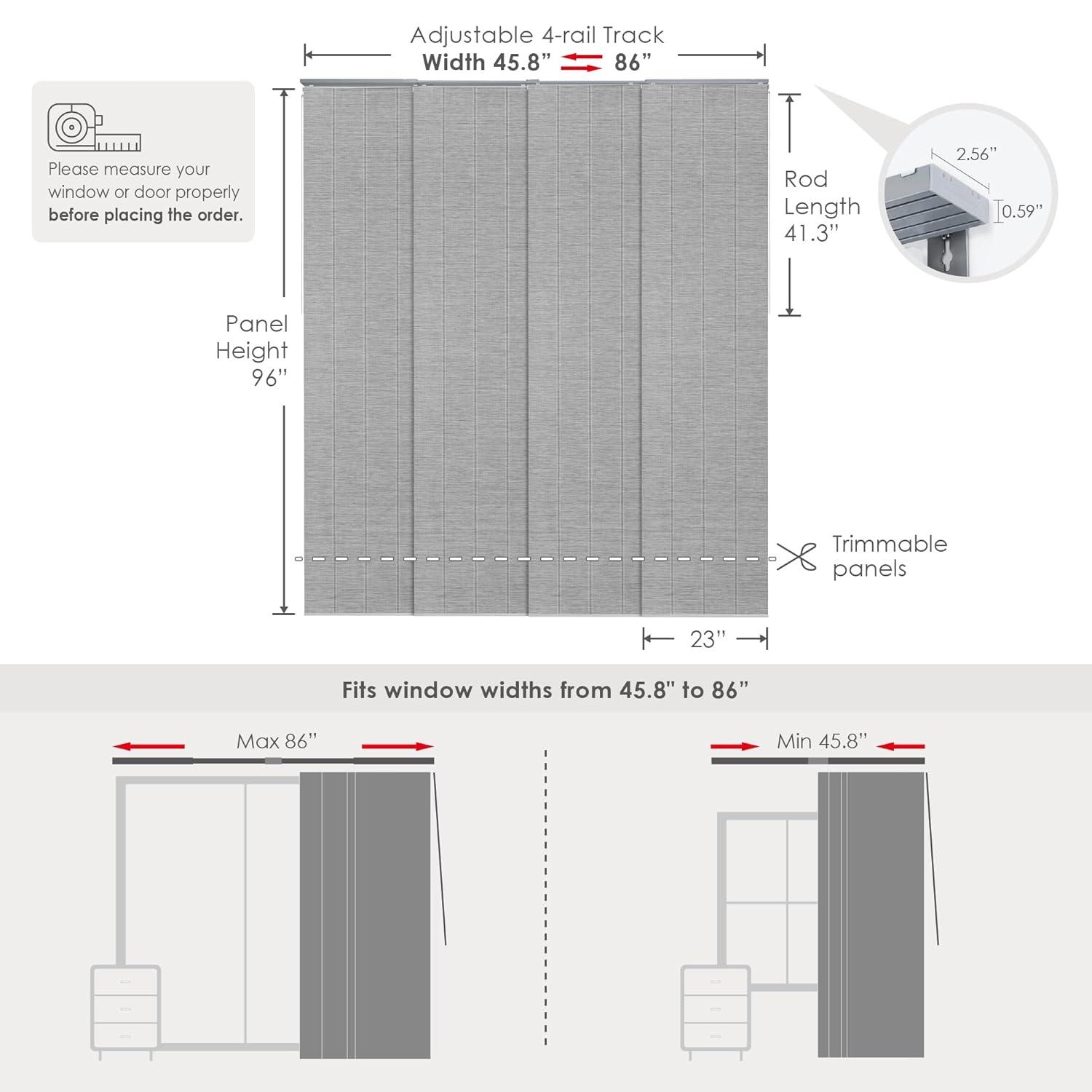 GoDear Design Adjustable Sliding Panel Track Blind 45.8"- 86" W x 96" H, Vertical Blinds Cordless, Semi-sheer, Airo