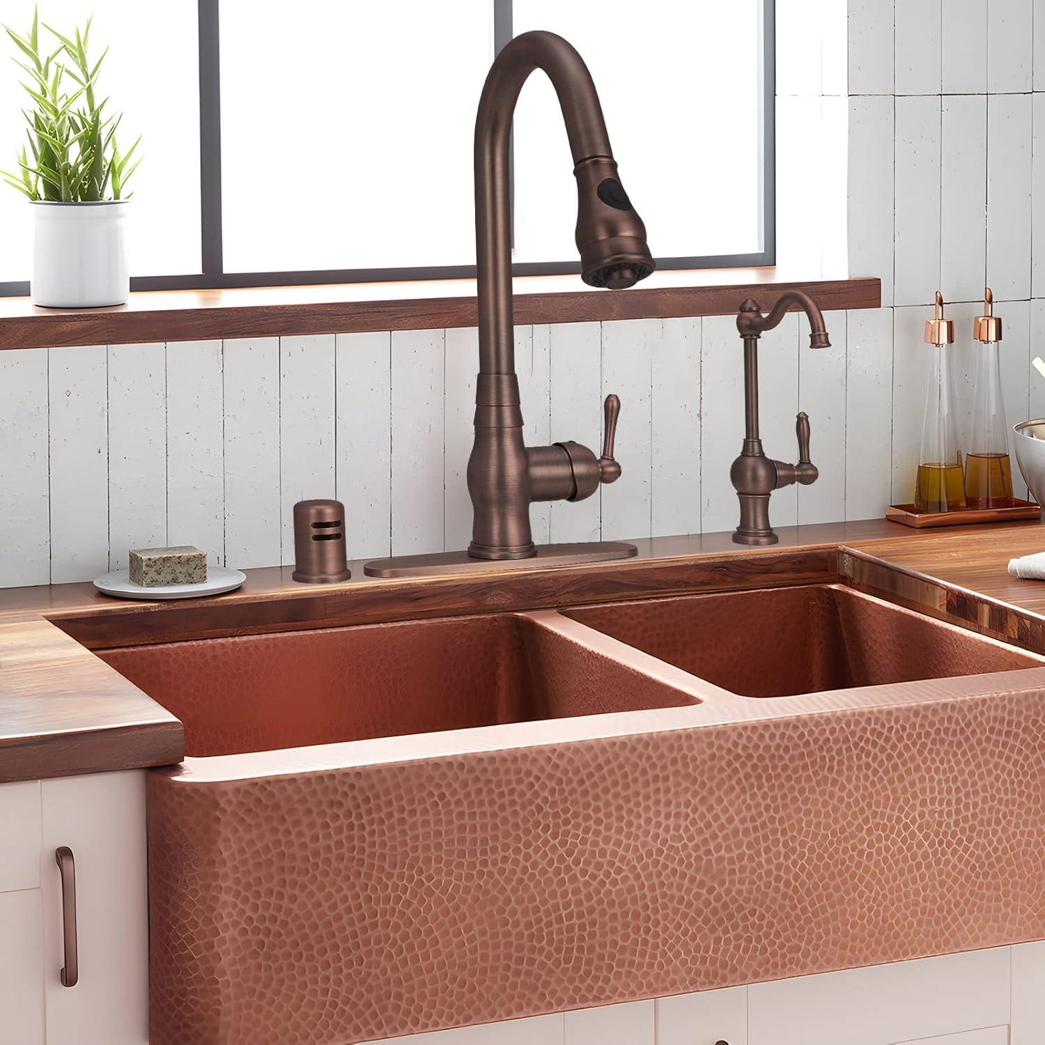 Copper Pull Down Kitchen Faucet with Single Handle Deck Plate Included