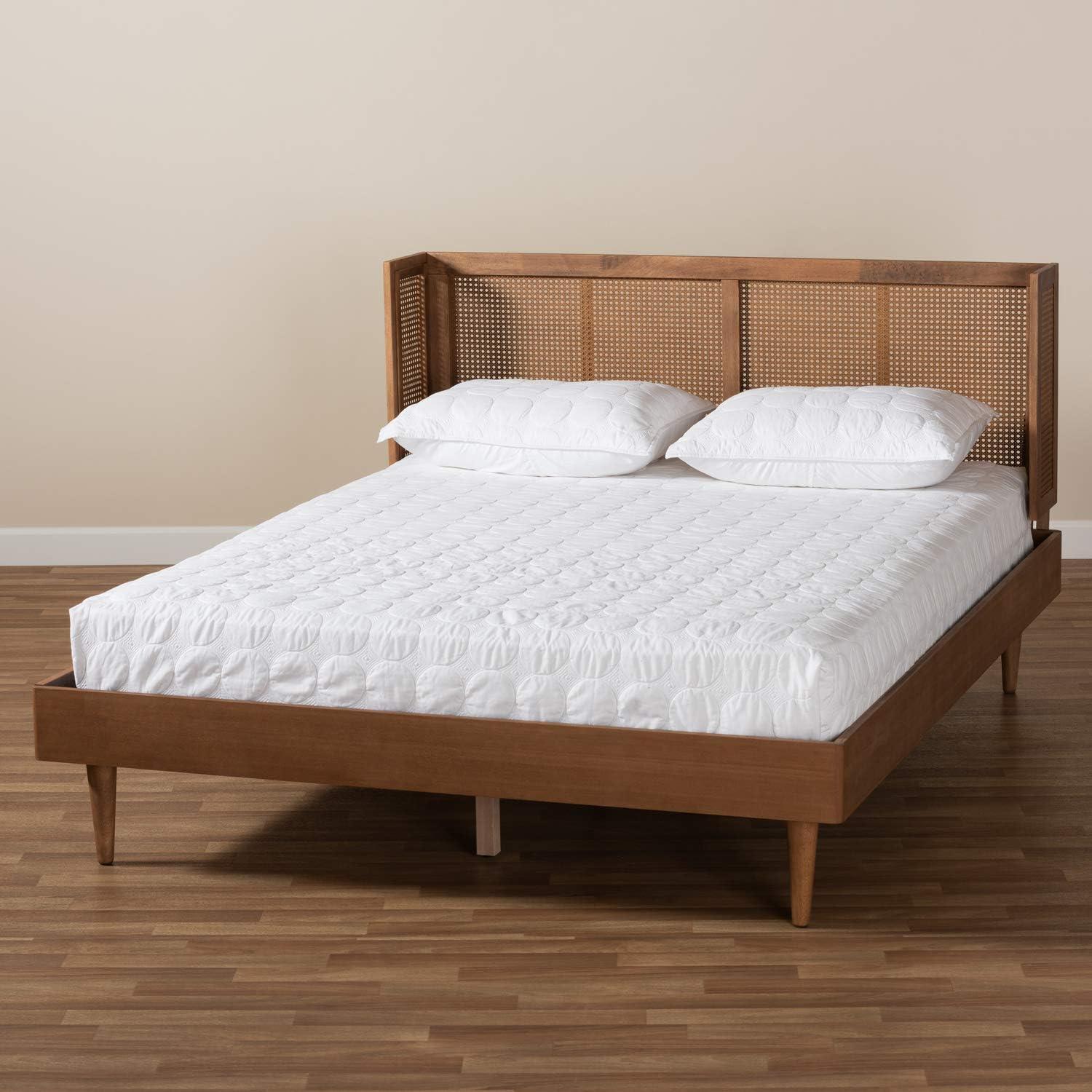 Queen Rina Wood Platform Bed with Headboard Ash Walnut - Baxton Studio: Mid-Century Modern Design, Synthetic Rattan Panel