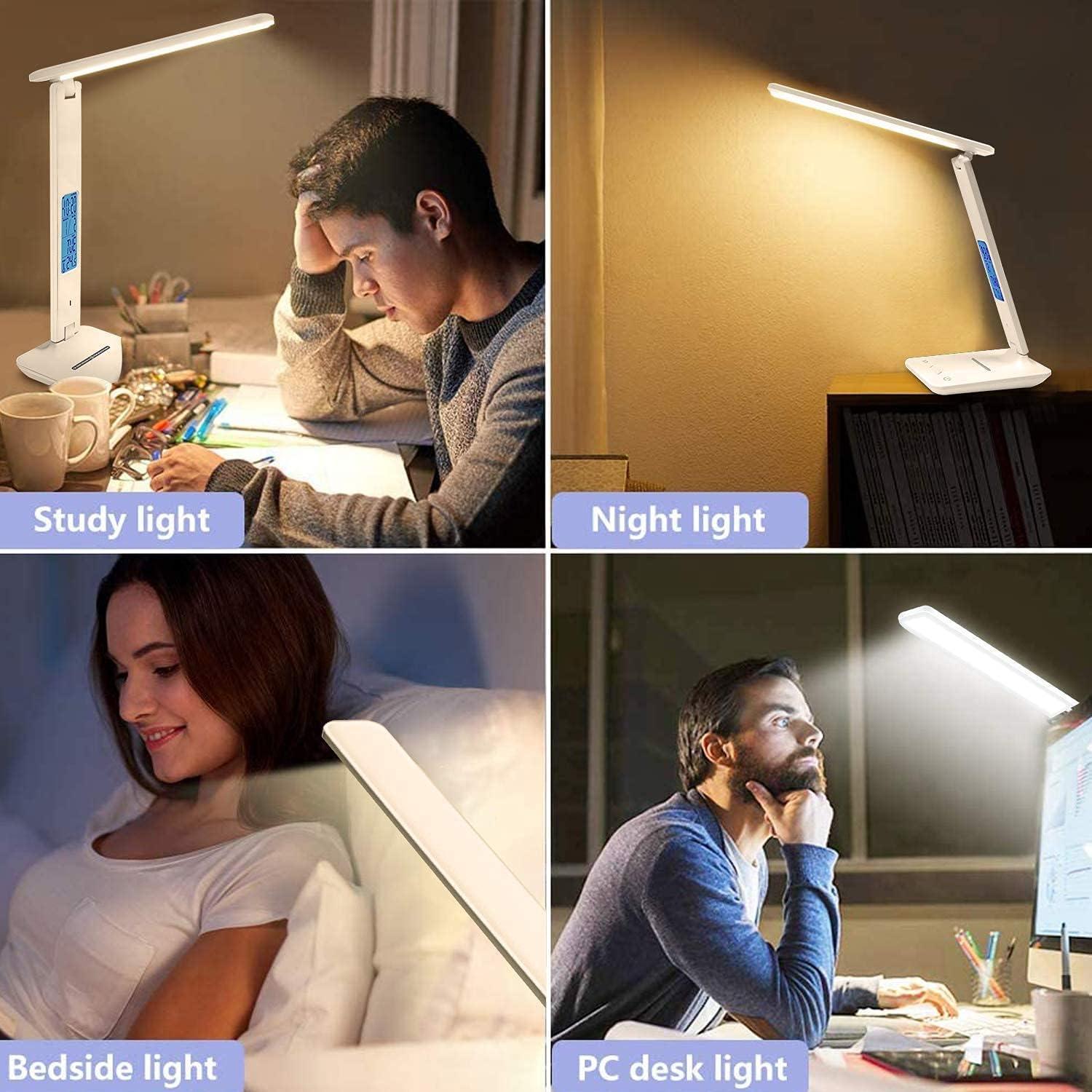 White Adjustable LED Desk Lamp with Wireless Charger and Clock