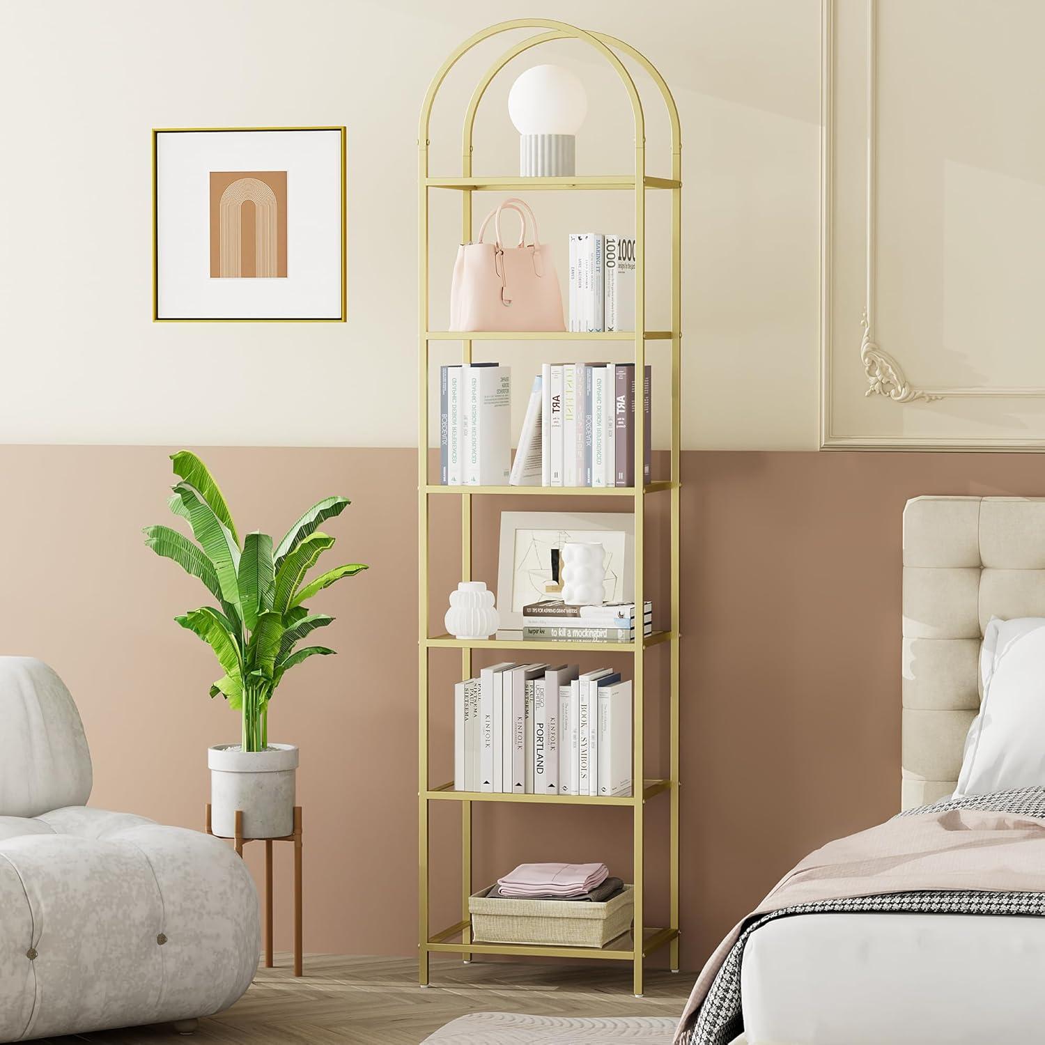 5 Tier Gold Bookshelf, Modern Storage Organizer Shelf, Metal Bookcase Stand for Office, Bedroom Kitchen Living Room