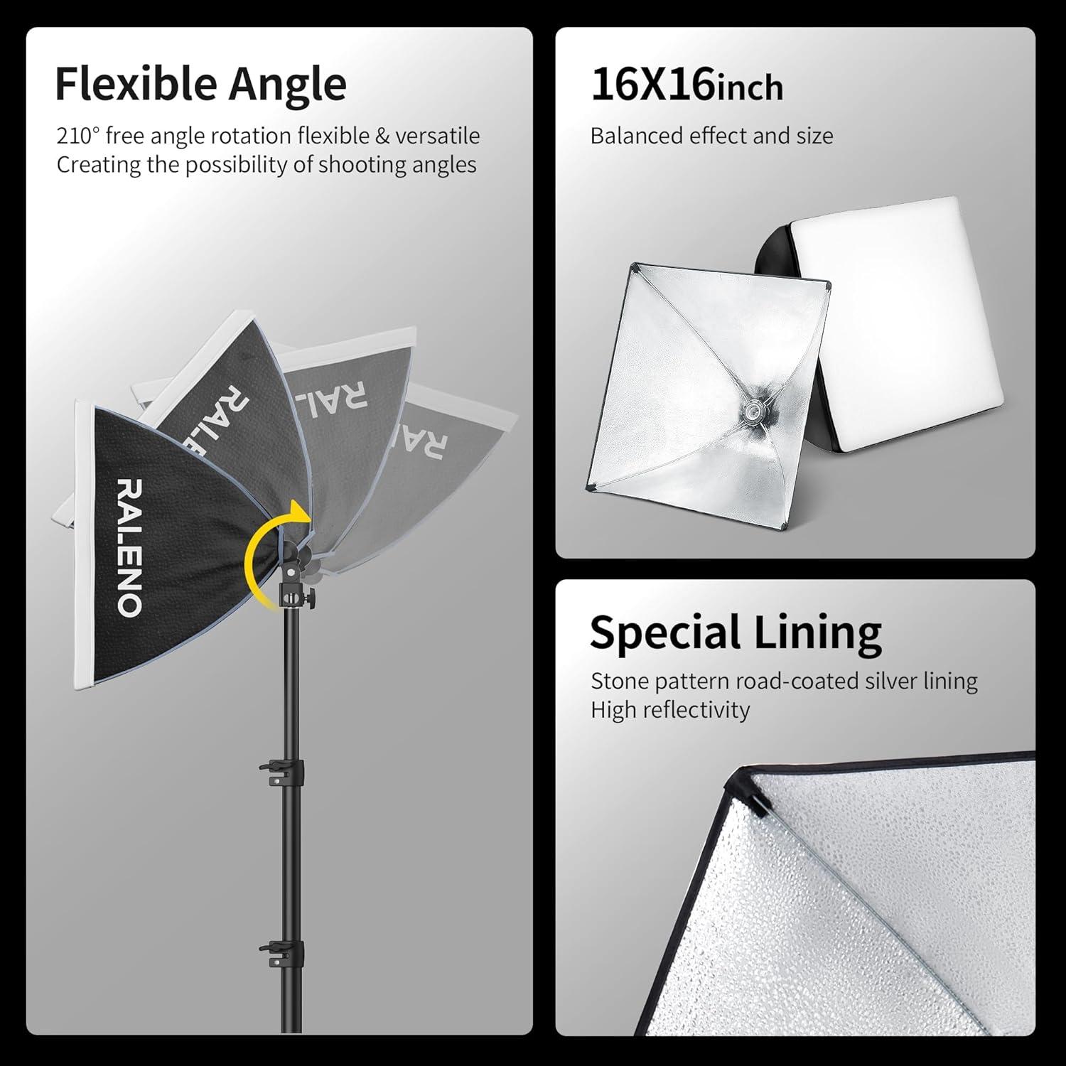 RALENO Softbox Photography Lighting Kit, 16'' x 16'' Softbox Lighting for TikTok with LED Bulb (50W | 5500K | 97 CRI | TLCI≥97), Continuous Lighting for Video Recording & Photography Shooting