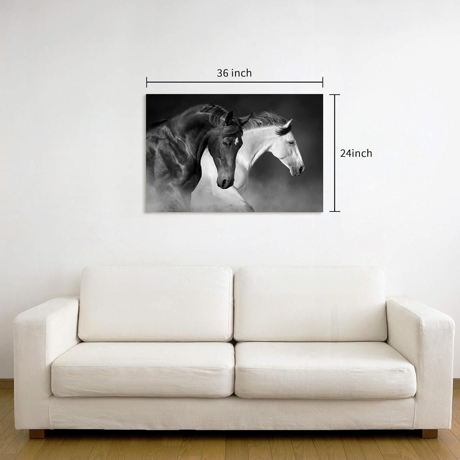Shadudu Wild Horses Canvas Wall Art - Black White Horse Racing Picture Two Vintage Animals Artwork Print Painting for Home Office Bedrooms 36x24in
