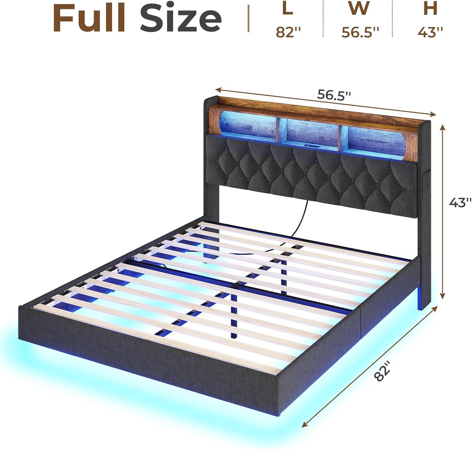 Weiplehoom Full Floating Bed Frame with Storage Headboard and LED Lights, Linen Upholstered Platform Bed with Charging Station, Dark Gray
