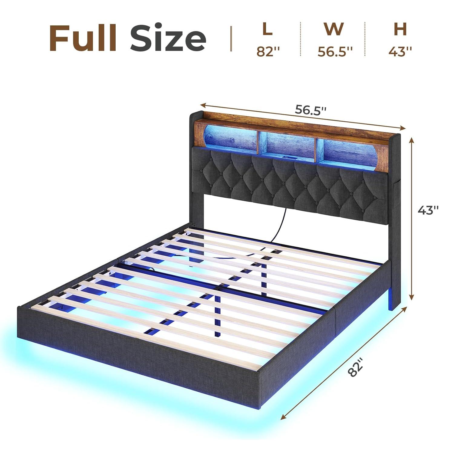 Weiplehoom Full Floating Bed Frame with Storage Headboard and LED Lights, Linen Upholstered Platform Bed with Charging Station, Dark Gray