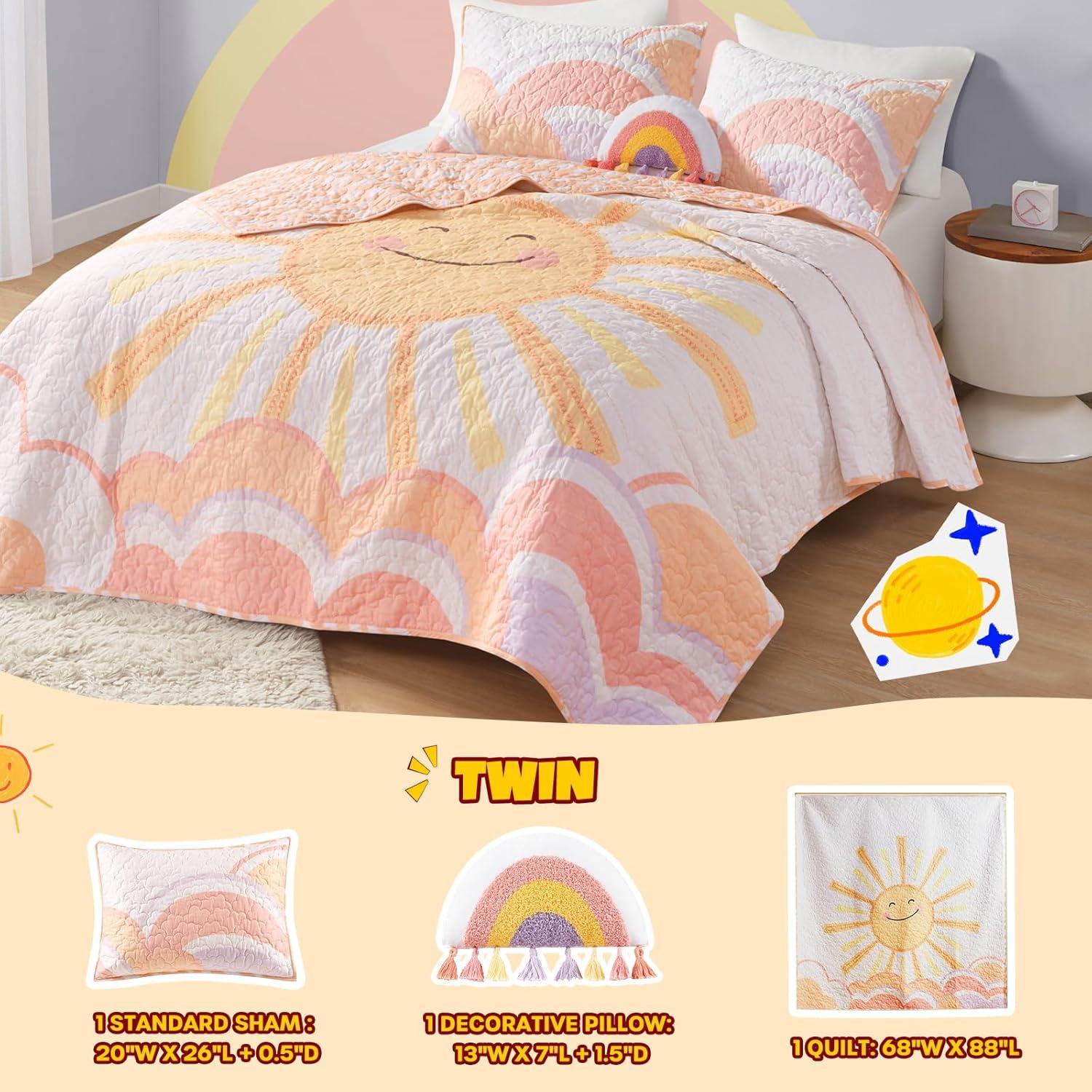 Intelligent Design Kids Dawn Sunshine Clouds Yellow/Coral 100% Cotton Reversible Quilt Set Twin