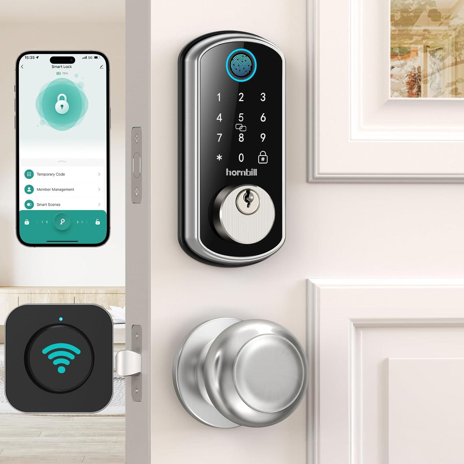 Wi-Fi & Bluetooth Smart Lock, Keyless Entry Smart Front Lock, hornbill Touch Screen Keypads, App Control, Auto Lock, Compatible with Alexa, Remotely Control (Included G2 Gateway)