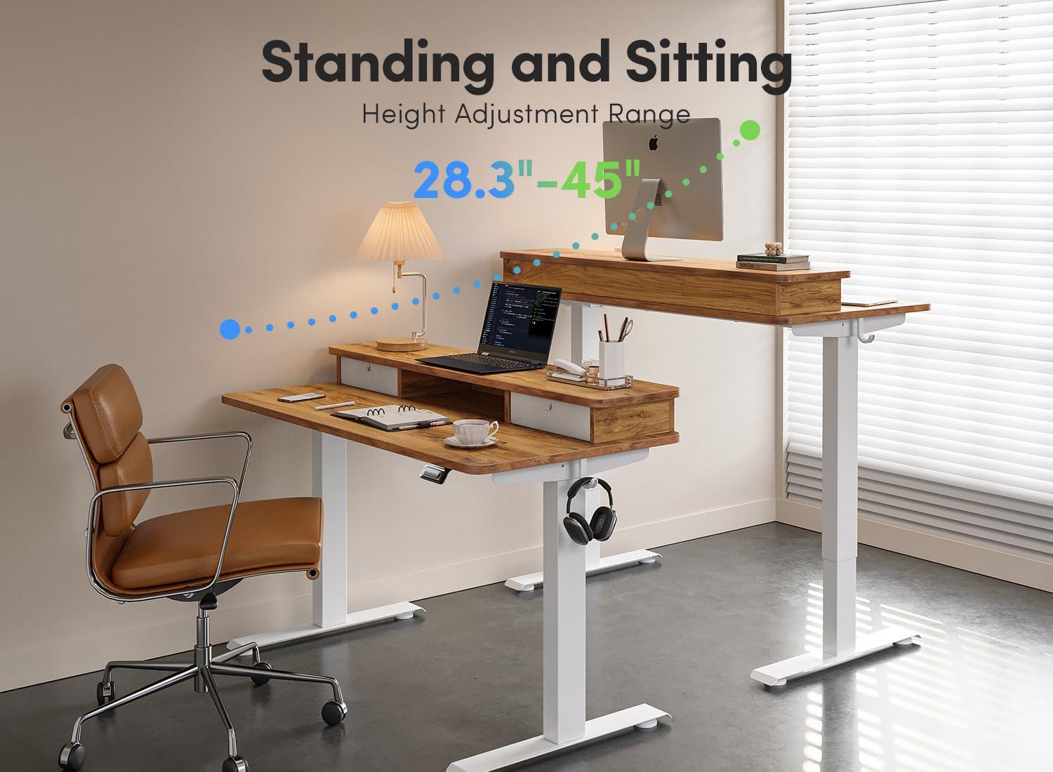 Agilestic Adjustable Height Electric Standing Desk with Storage Wooden Drawer, 55 x 24 Inches Stand Up Home Office Computer Gaming Table for Work Office Home, Rustic Brown