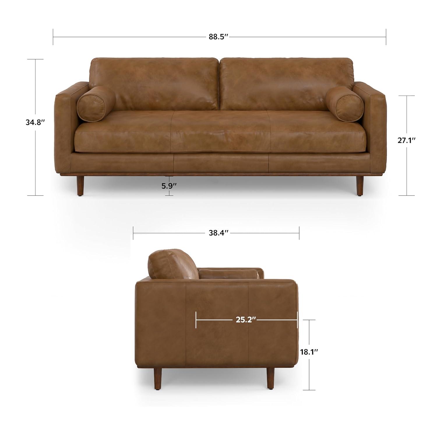 Simpli Home Morrison Genuine Leather Sofa, Mid-Century Modern Couch for Living Room, Handcrafted with Removable Cushions