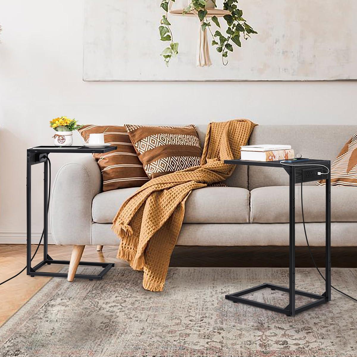 Black Metal C-Shaped End Tables with Charging Station