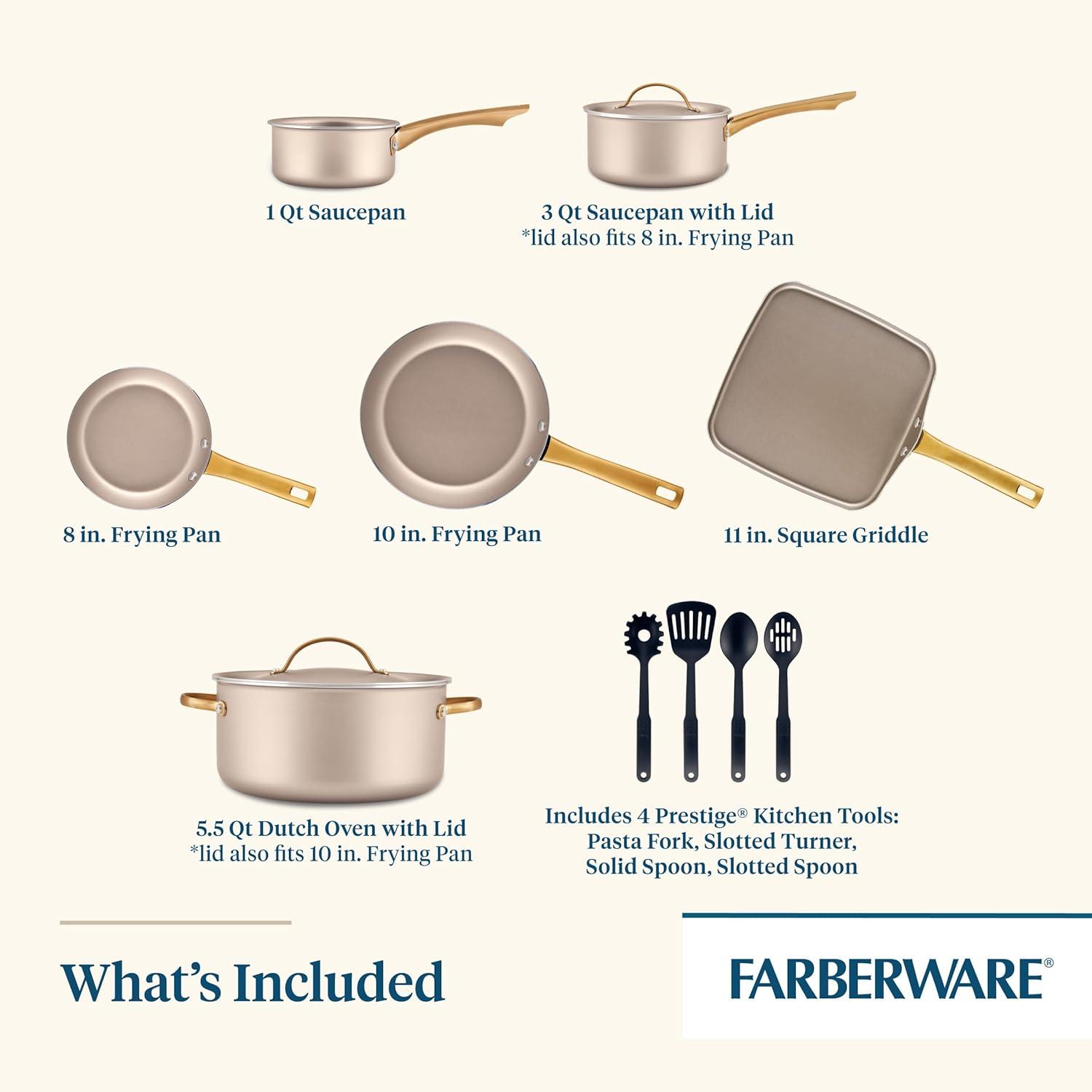 Champagne Nonstick Aluminum Cookware Set with Gold Handles, 12 Piece