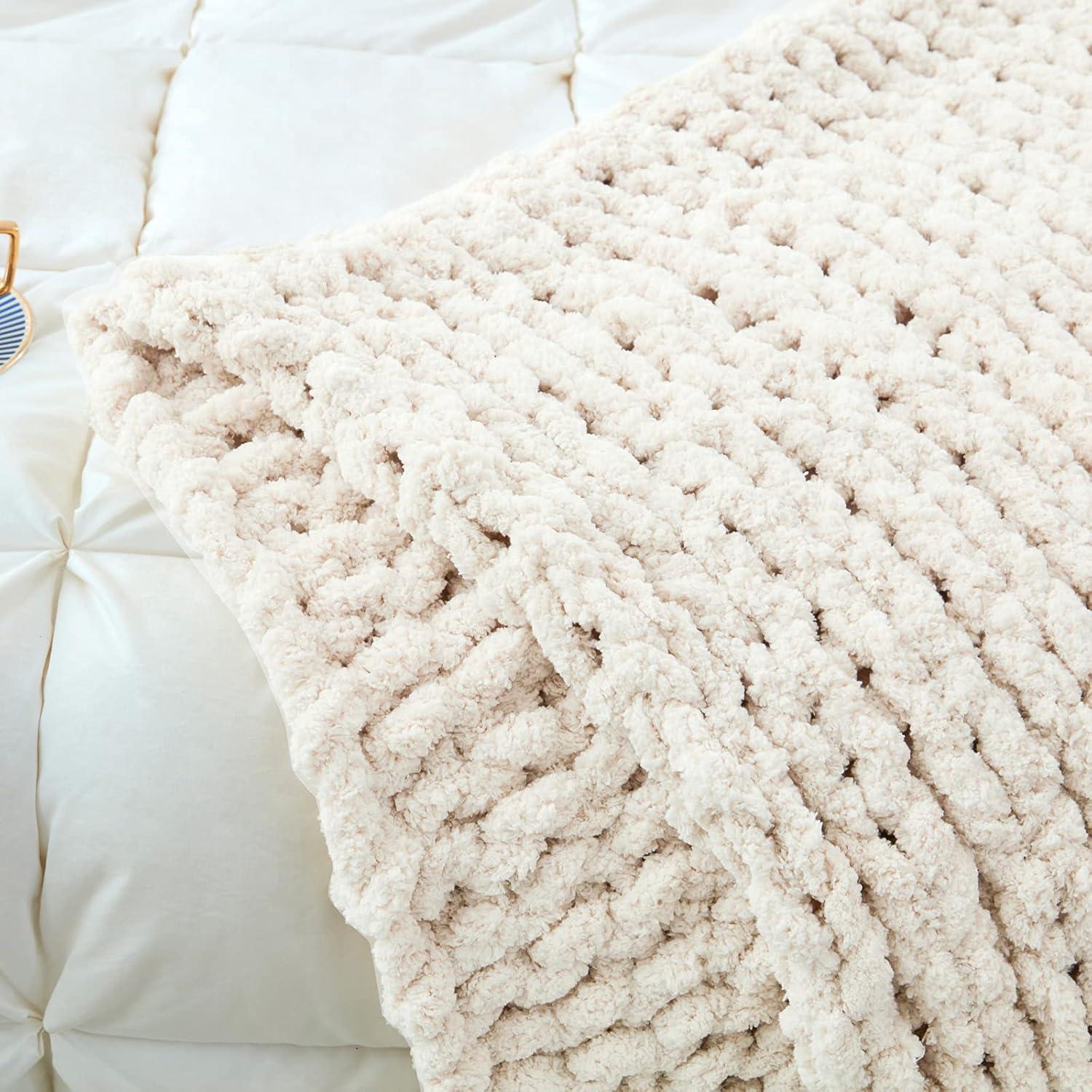 Beige Chunky Knit Chenille Throw Blanket 40x50