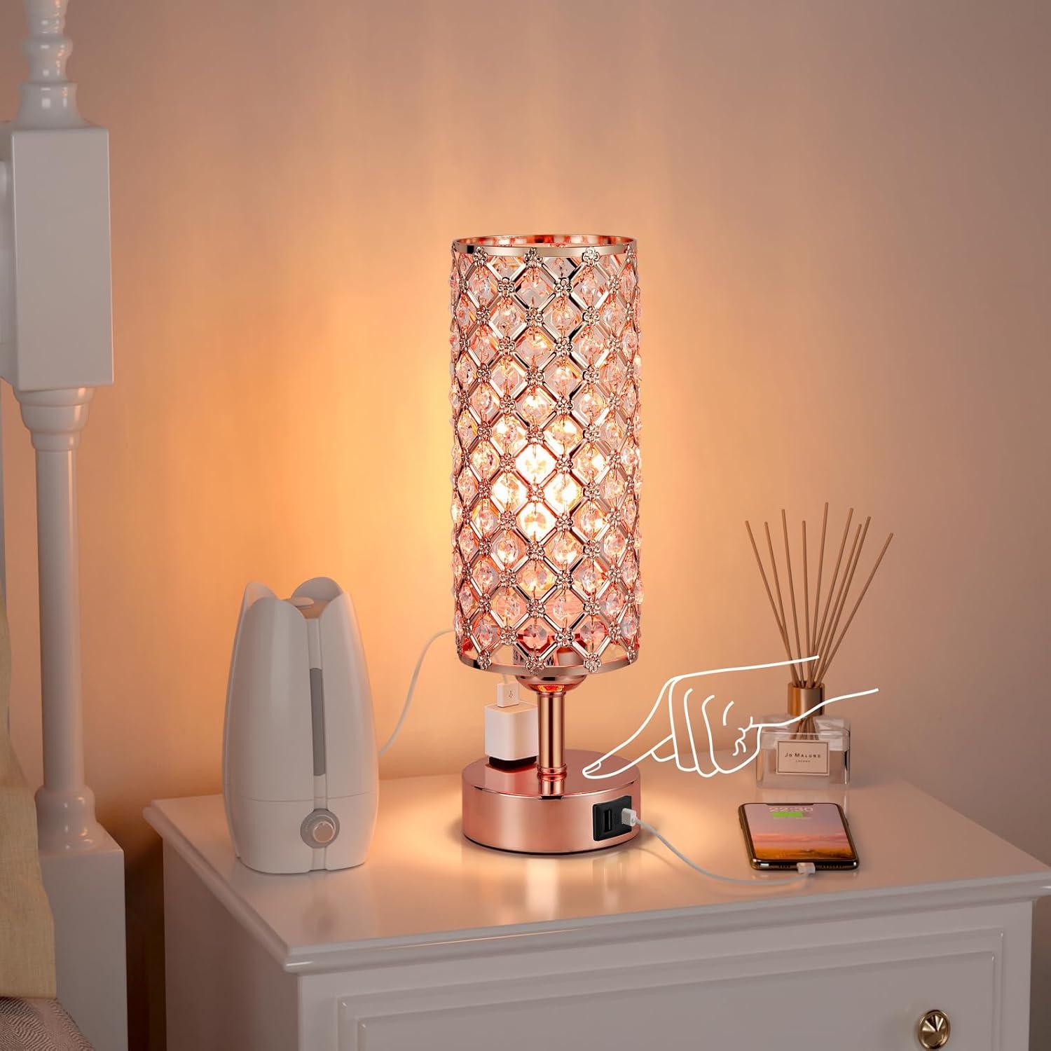 Rose Gold Crystal Touch Table Lamp with USB Ports